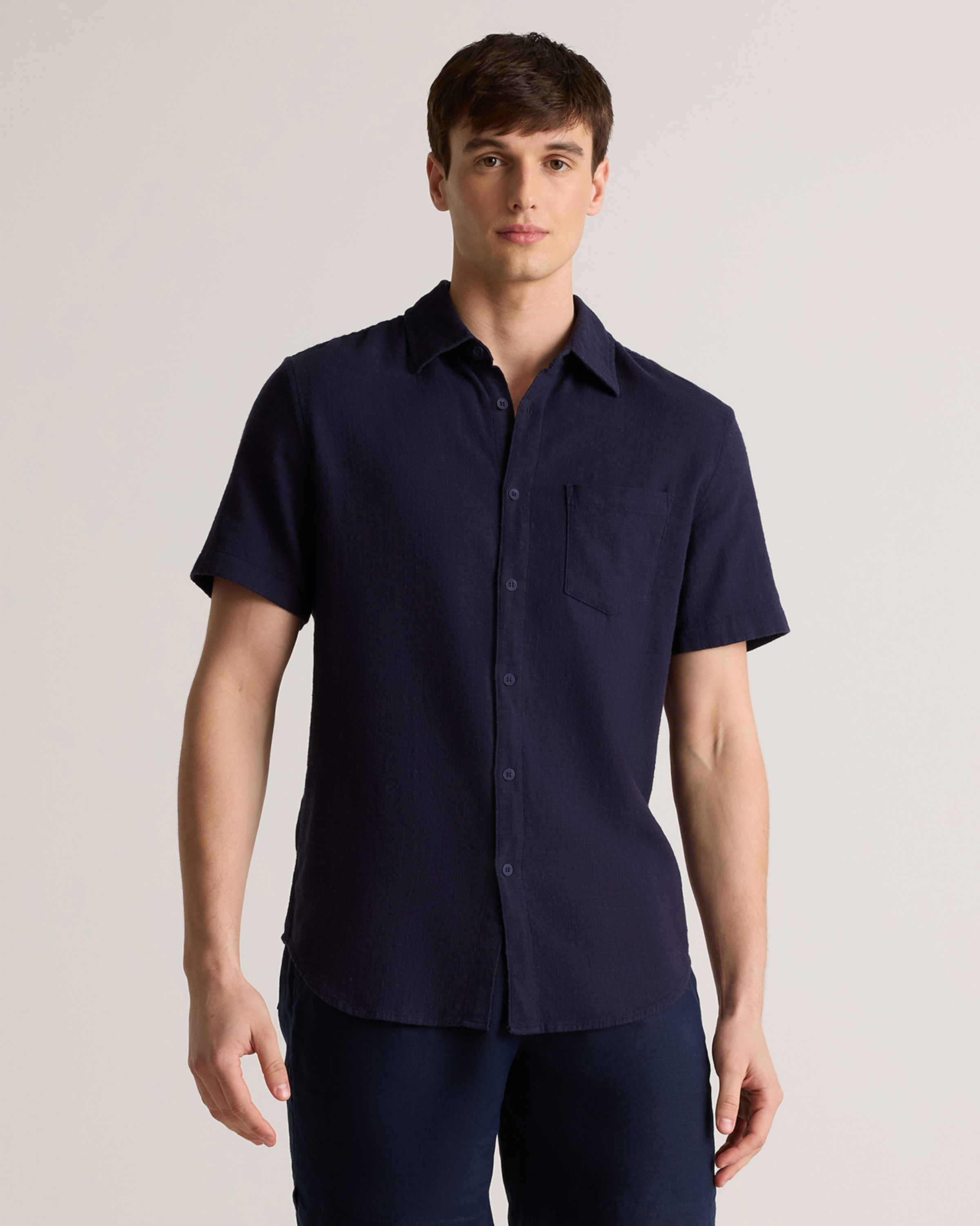 Navy Organic Cotton Stretch Selvage Short Sleeve Shirt