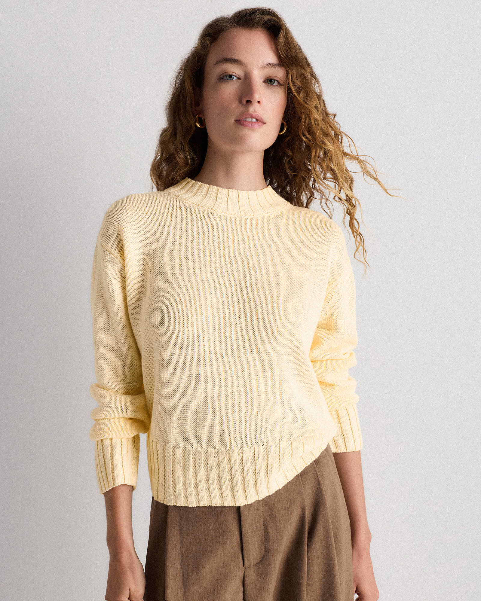 Sandstone Beige Cotton Linen Relaxed Crew Sweater