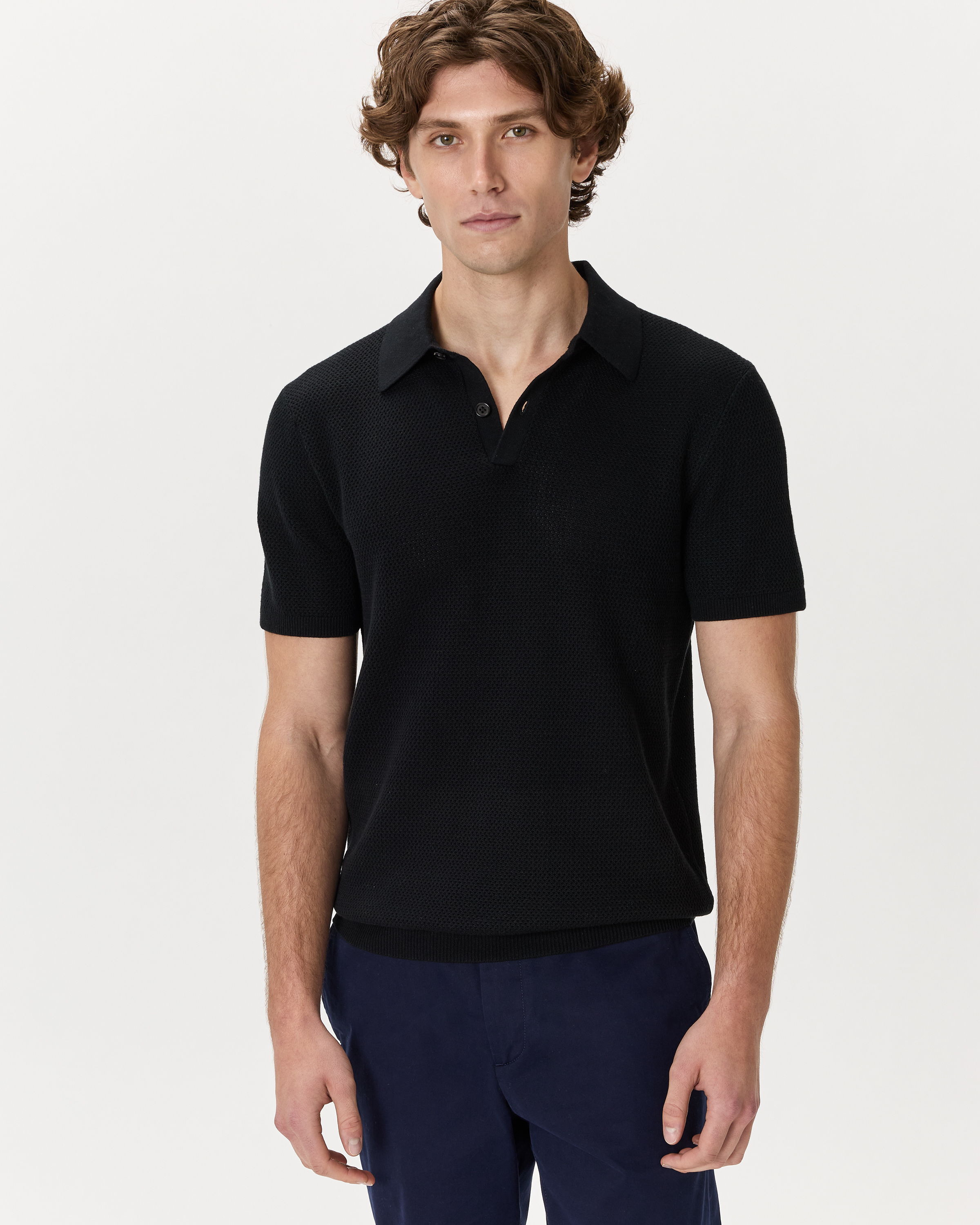 Quince Men's Mesh-stitch Sweater Polo In Black
