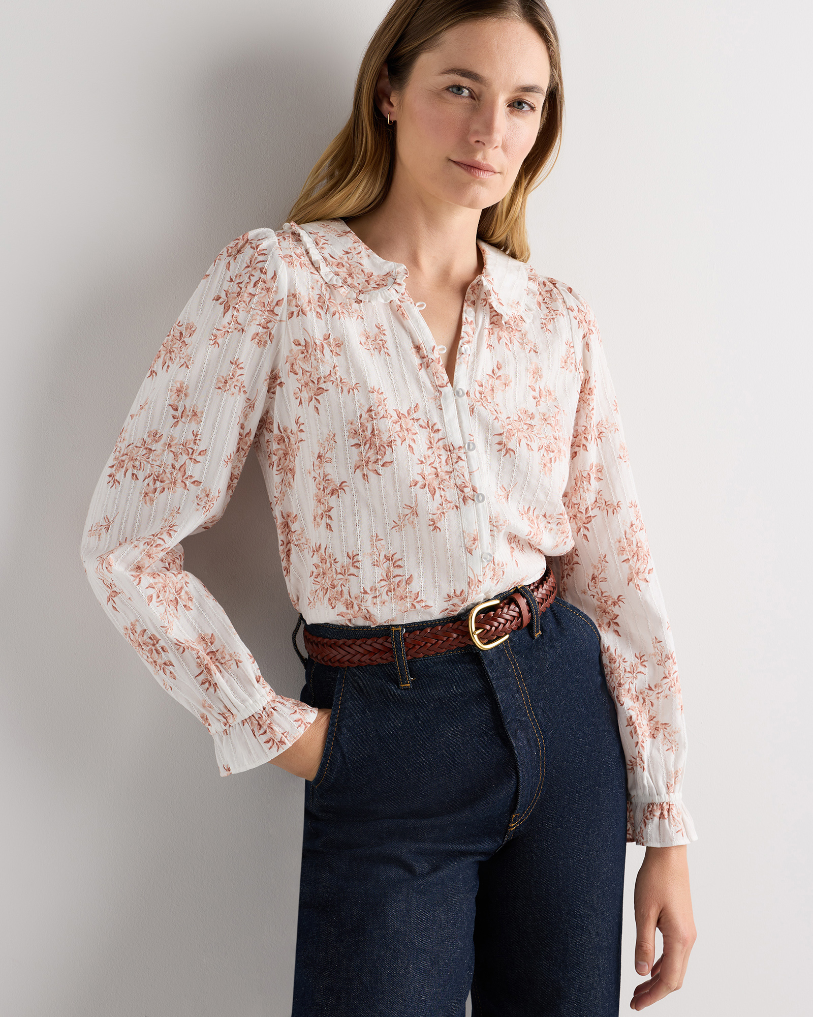 Ivory Rose Pink Petite Floral Embroidered Cotton Ruffle Collar Long Sleeve Blouse