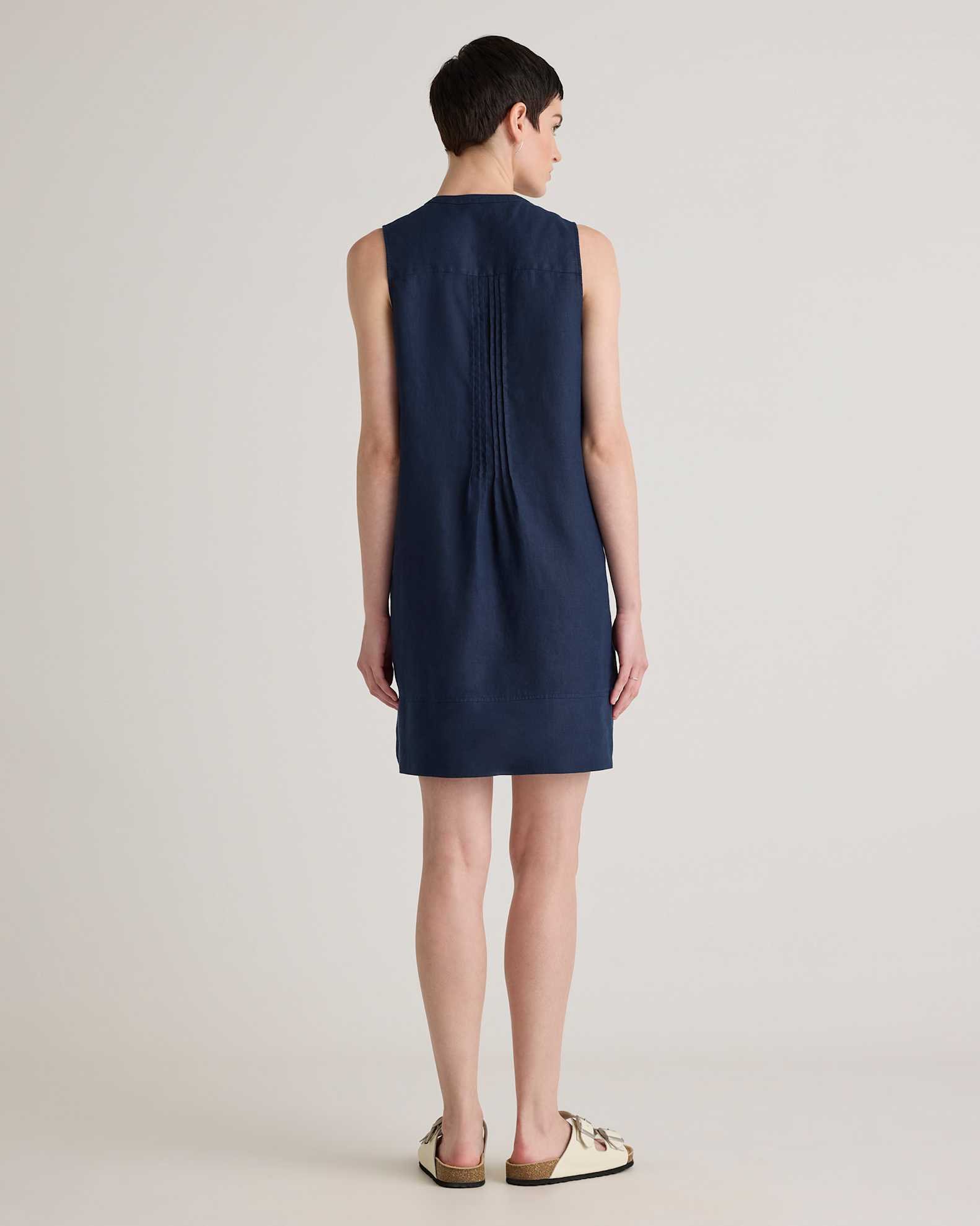 Quince Women's Sleeveless Swing Dress in Deep Navy, Small Size - 100% European Linen, Eco-Friendly Material, Pleat Detailing Quince Women's Sleeveless Swing Dress in Deep Navy, Small Size - 100% European Linen, Eco-Friendly Material, Pleat Detailing