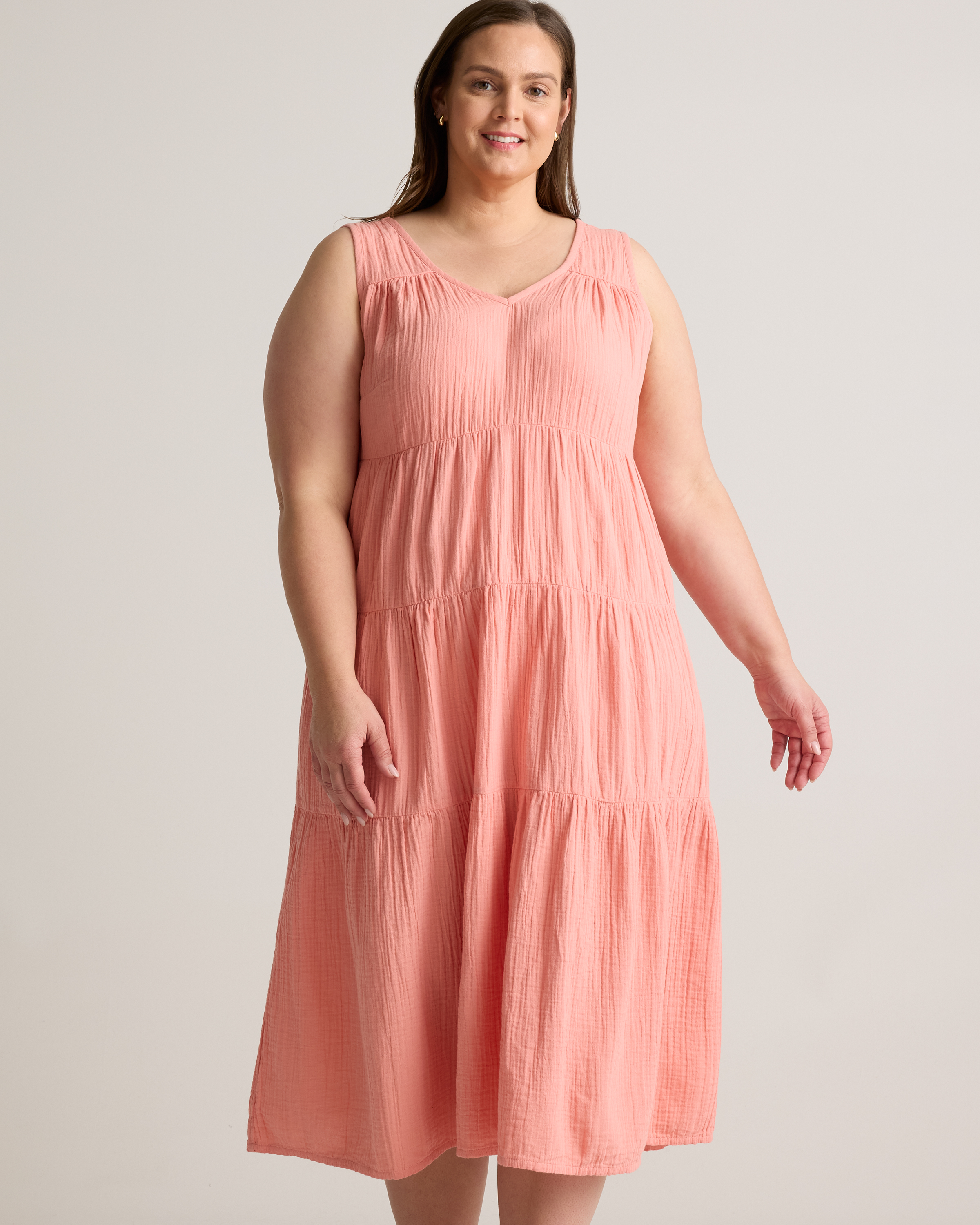 Extended Sizes 100% Organic Cotton Gauze Tiered Maxi Dress - Plus Size in  Coral Blush