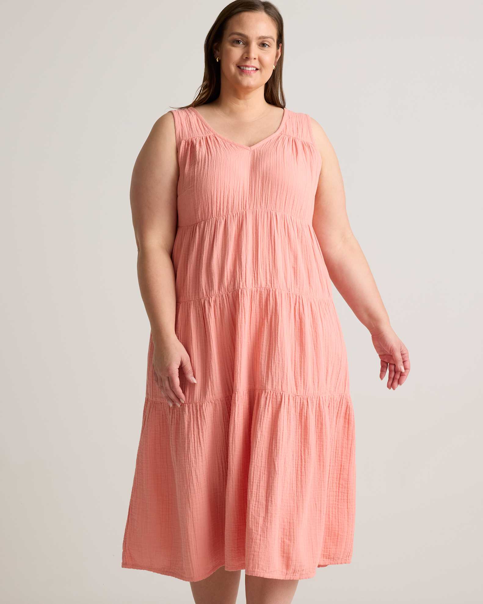 Extended Sizes 100% Organic Cotton Gauze Tiered Maxi Dress - Plus Size in Coral Blush Extended Sizes 100% Organic Cotton Gauze Tiered Maxi Dress - Plus Size in Coral Blush