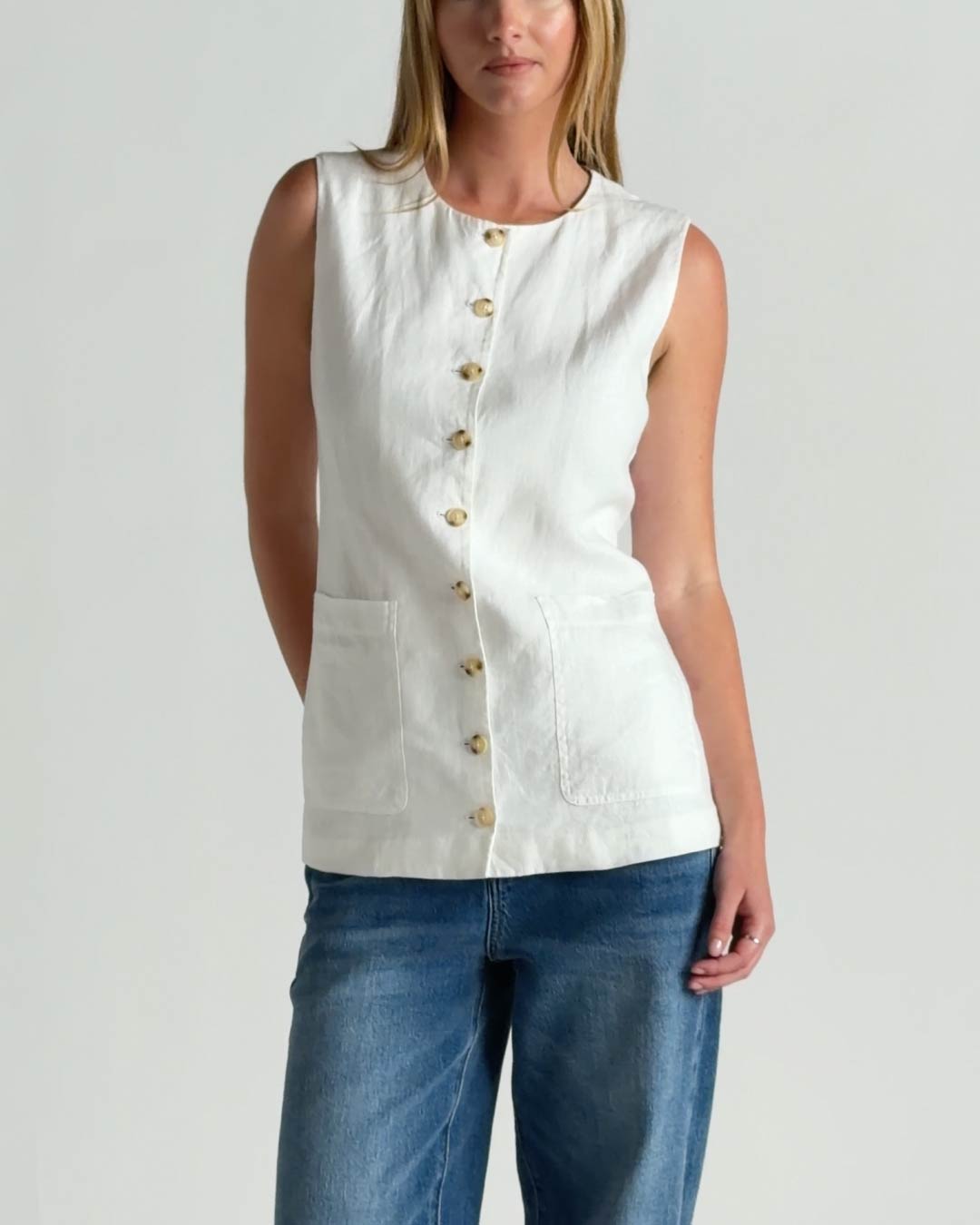 100- European Linen Longline Vest Flax and White In-House 4x5