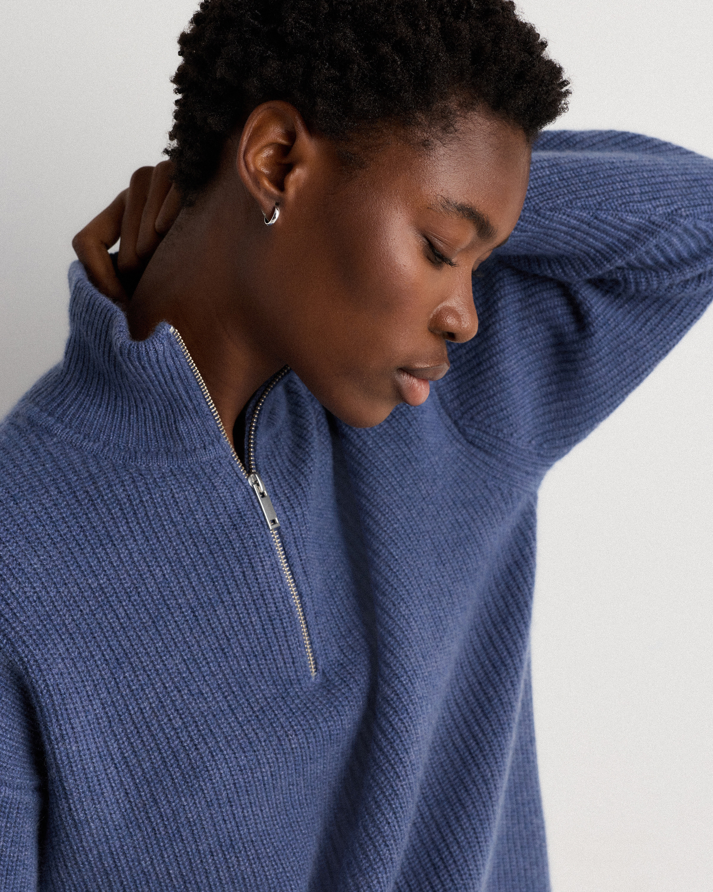 【Z ZEGNA 】ブルー フード付き綿アクリルニット M Mongolian Cashmere Fisherman Quarter Zip Sweater in Heather Storm