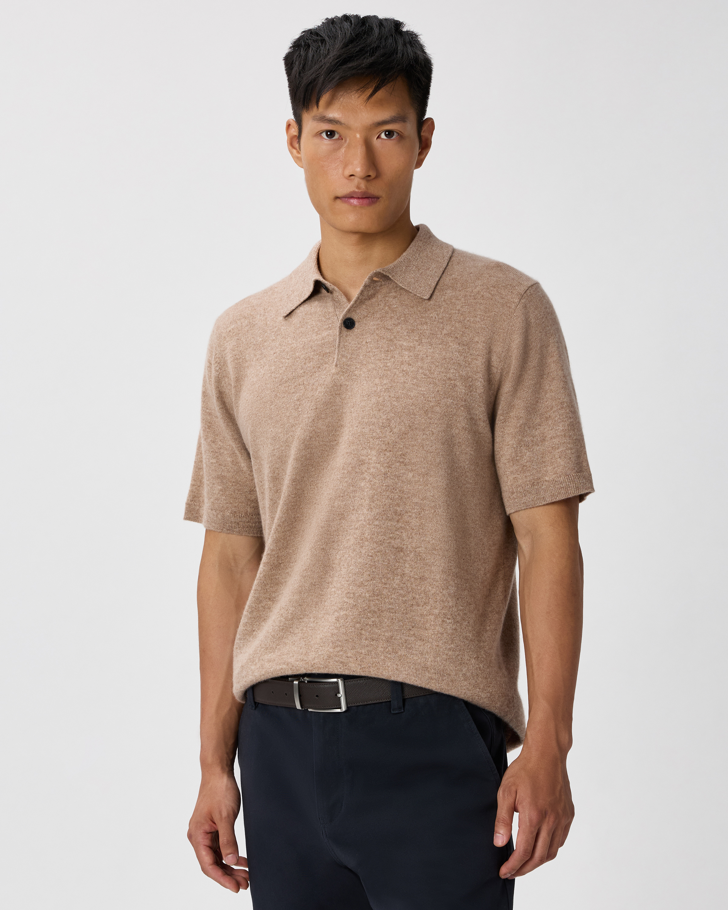 Oatmeal 100% Mongolian Cashmere Short Sleeve Polo Sweater