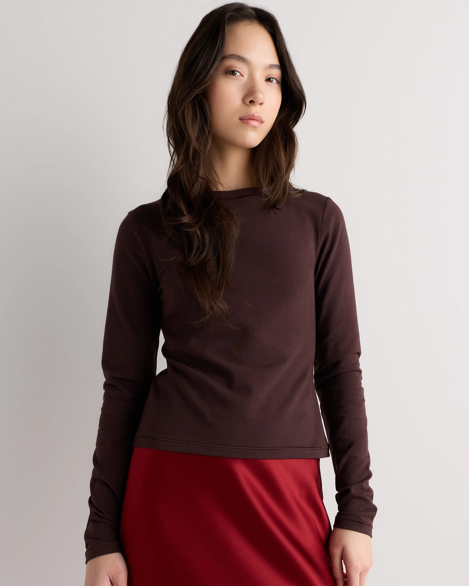 Stretch Cotton Jersey Cropped Fitted Long Sleeve T-Shirt