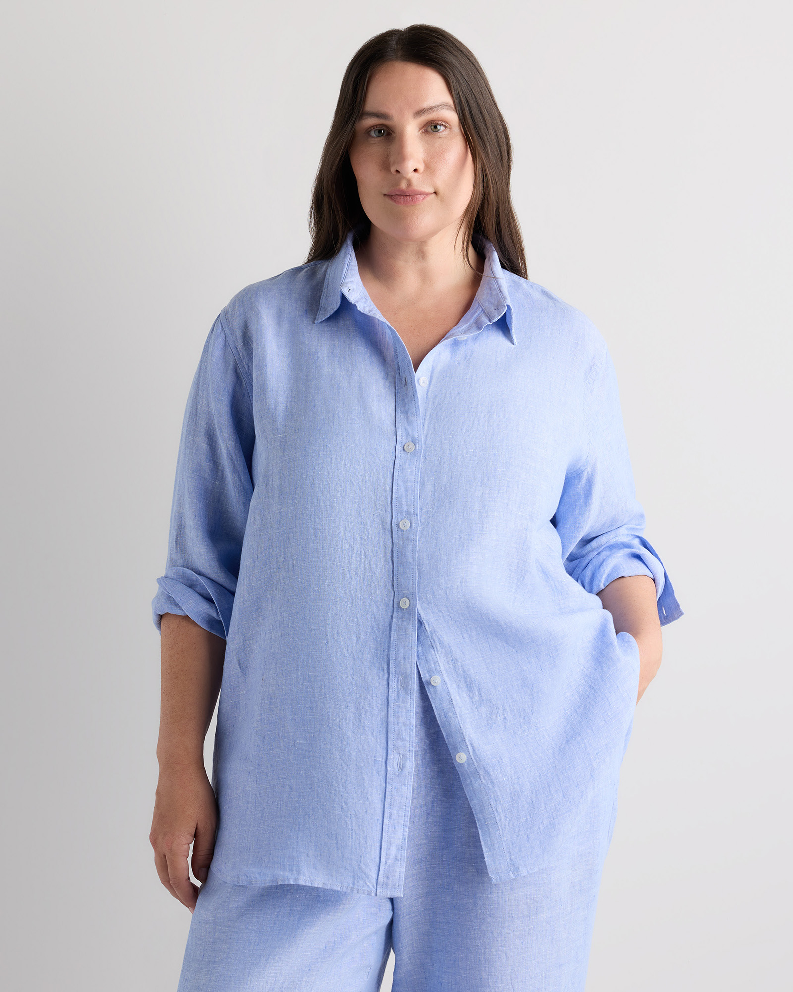 French Blue 100% European Linen Long Sleeve Shirt