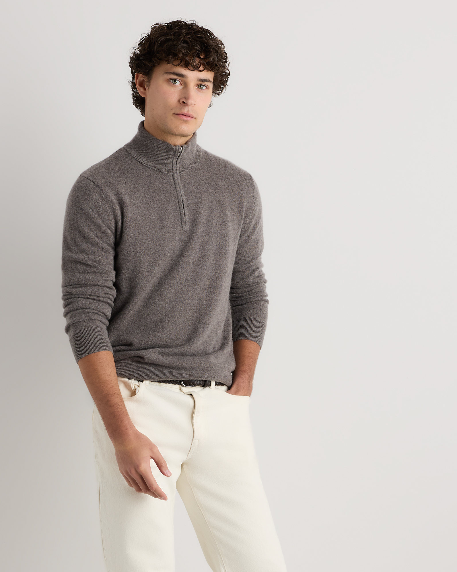 Elk Brown Mongolian Cashmere Quarter Zip Sweater