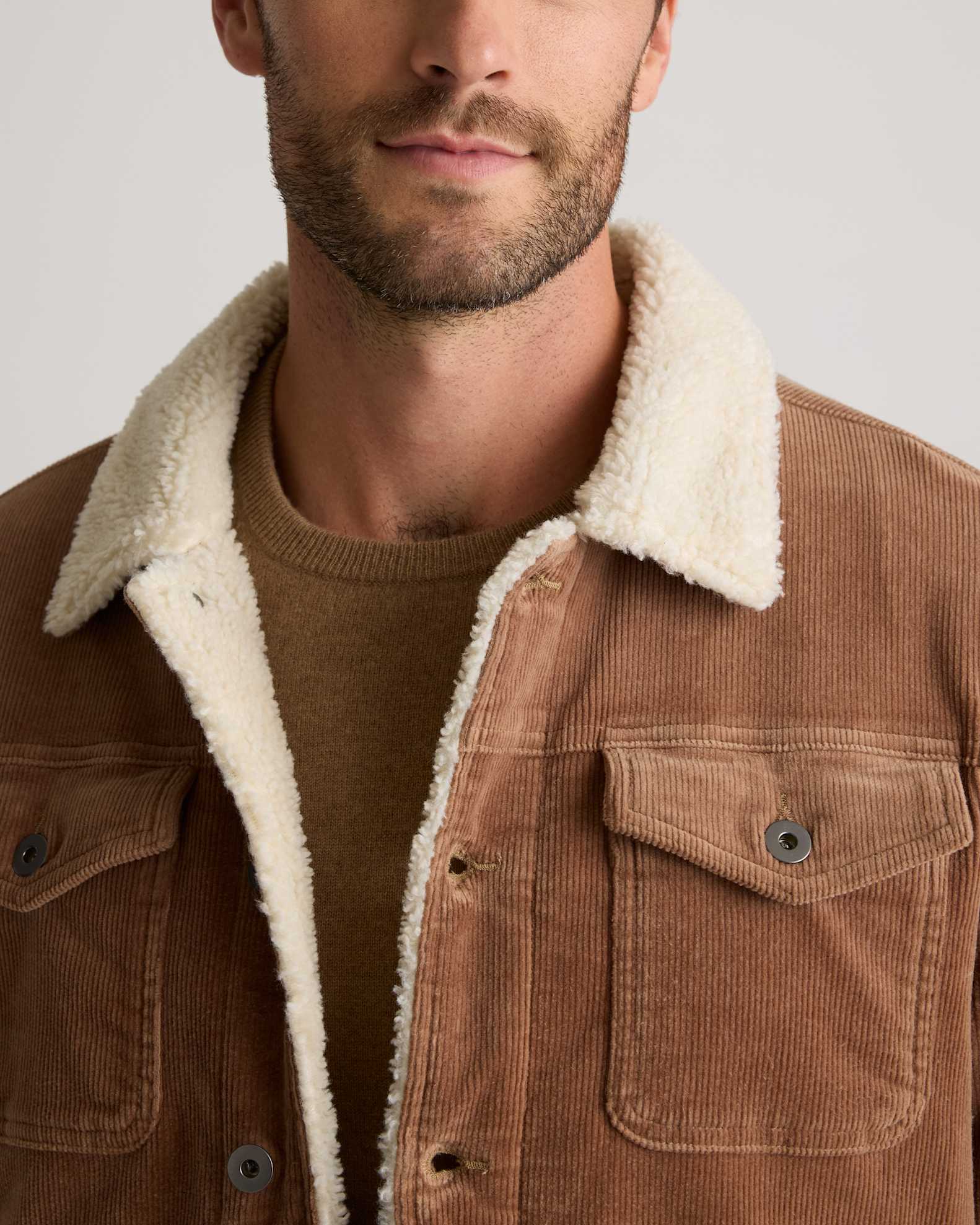 Organic Stretch Corduroy Sherpa-Lined Trucker Jacket in Warm Brown