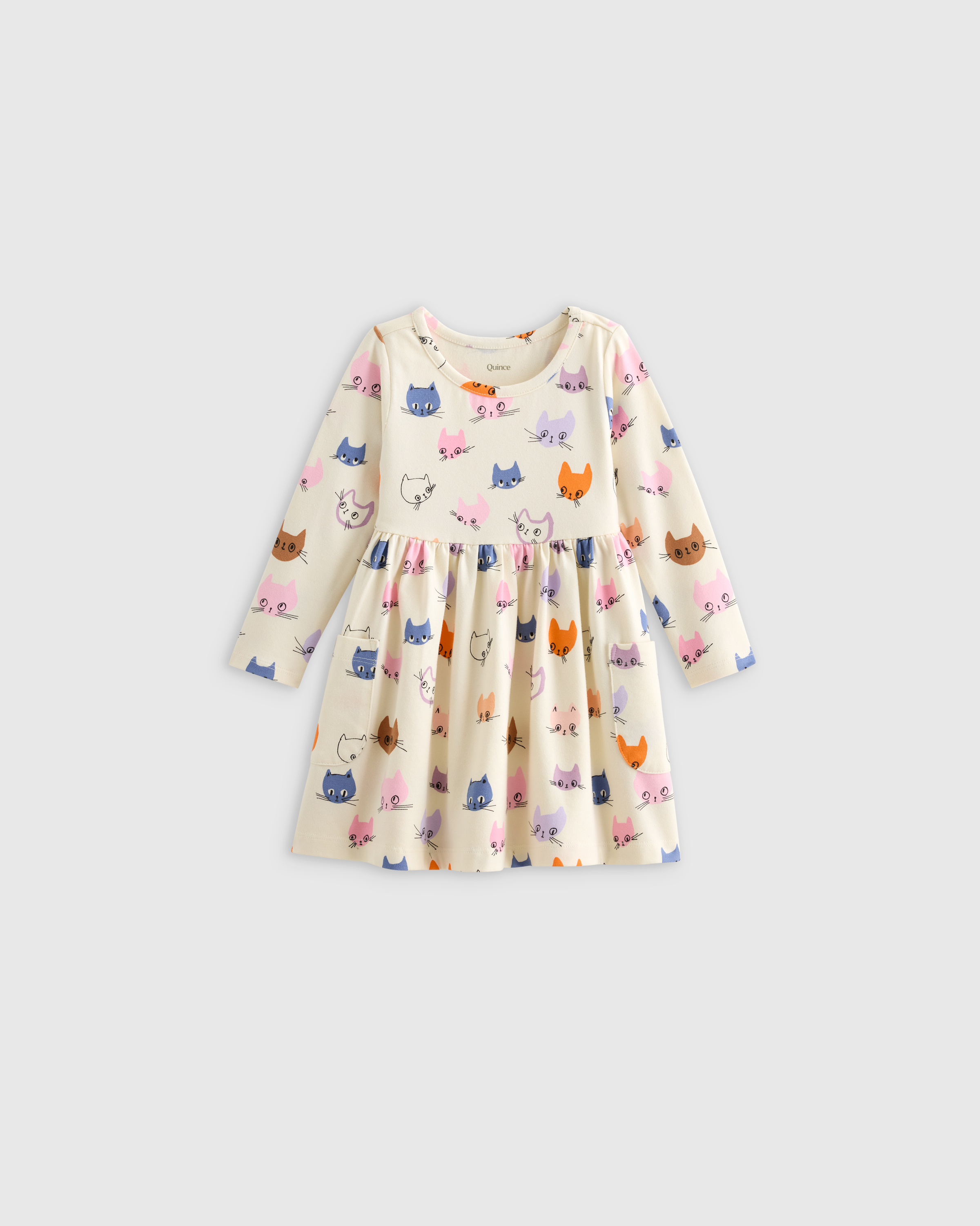 Cat Faces Organic Cotton Long Sleeve Fit and Flare Pocket Dress
