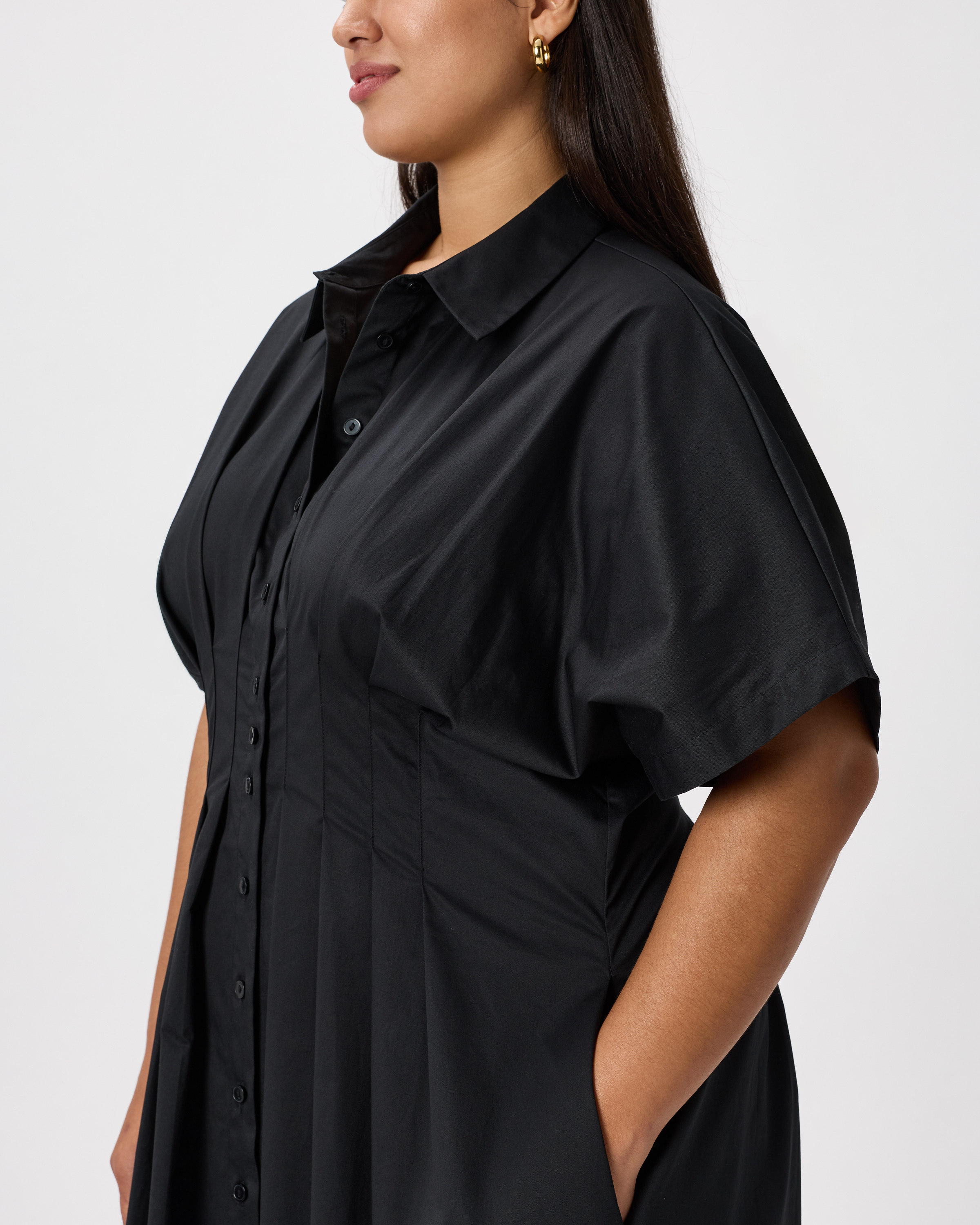 black slinky ruched button down midi shirt dress Victoria Silk Button Down Midi Dress in black
