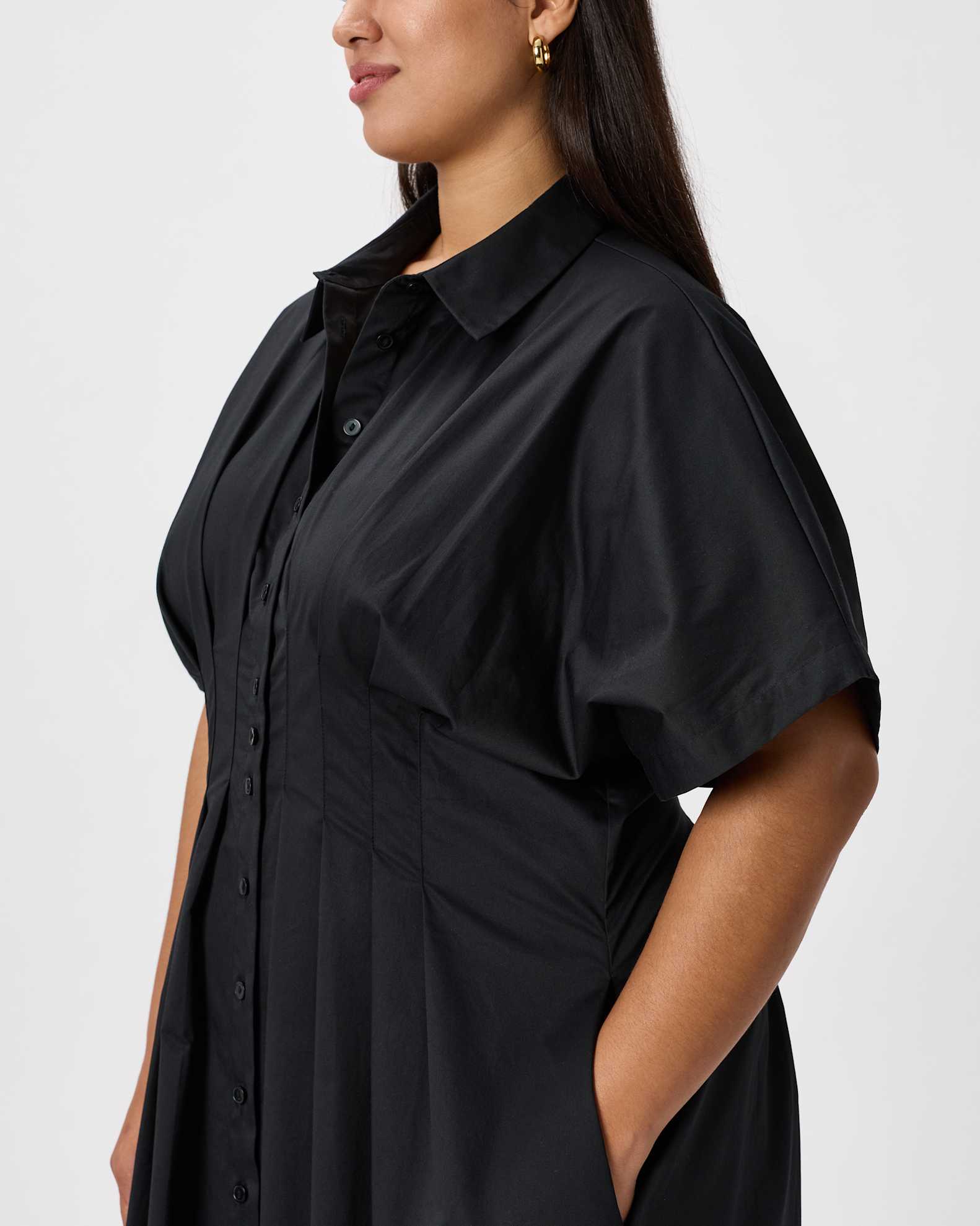 black slinky ruched button down midi shirt dress Victoria Silk Button Down Midi Dress in black