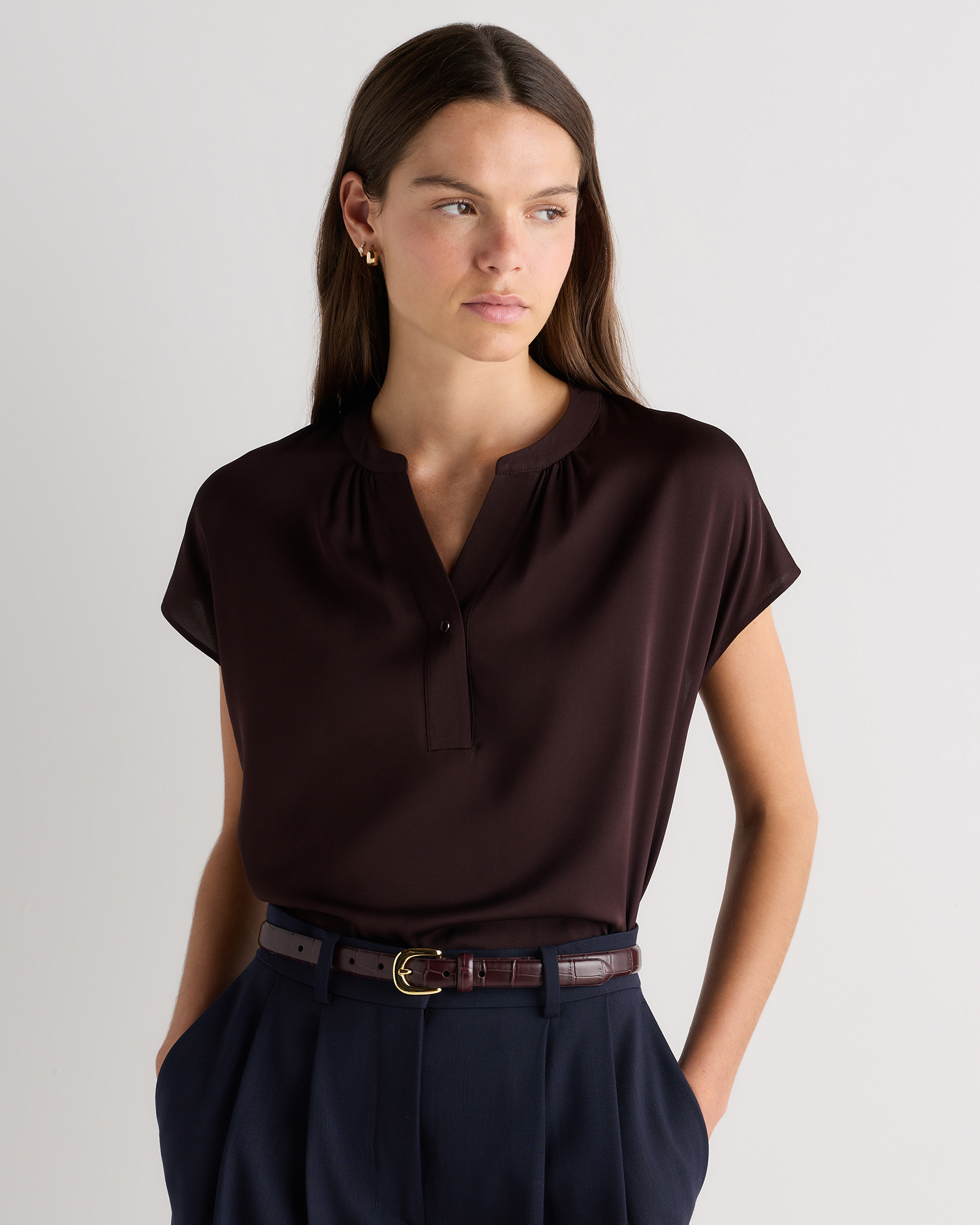 Chocolate Plum Brown Washable Stretch Silk Dolman Sleeve Blouse