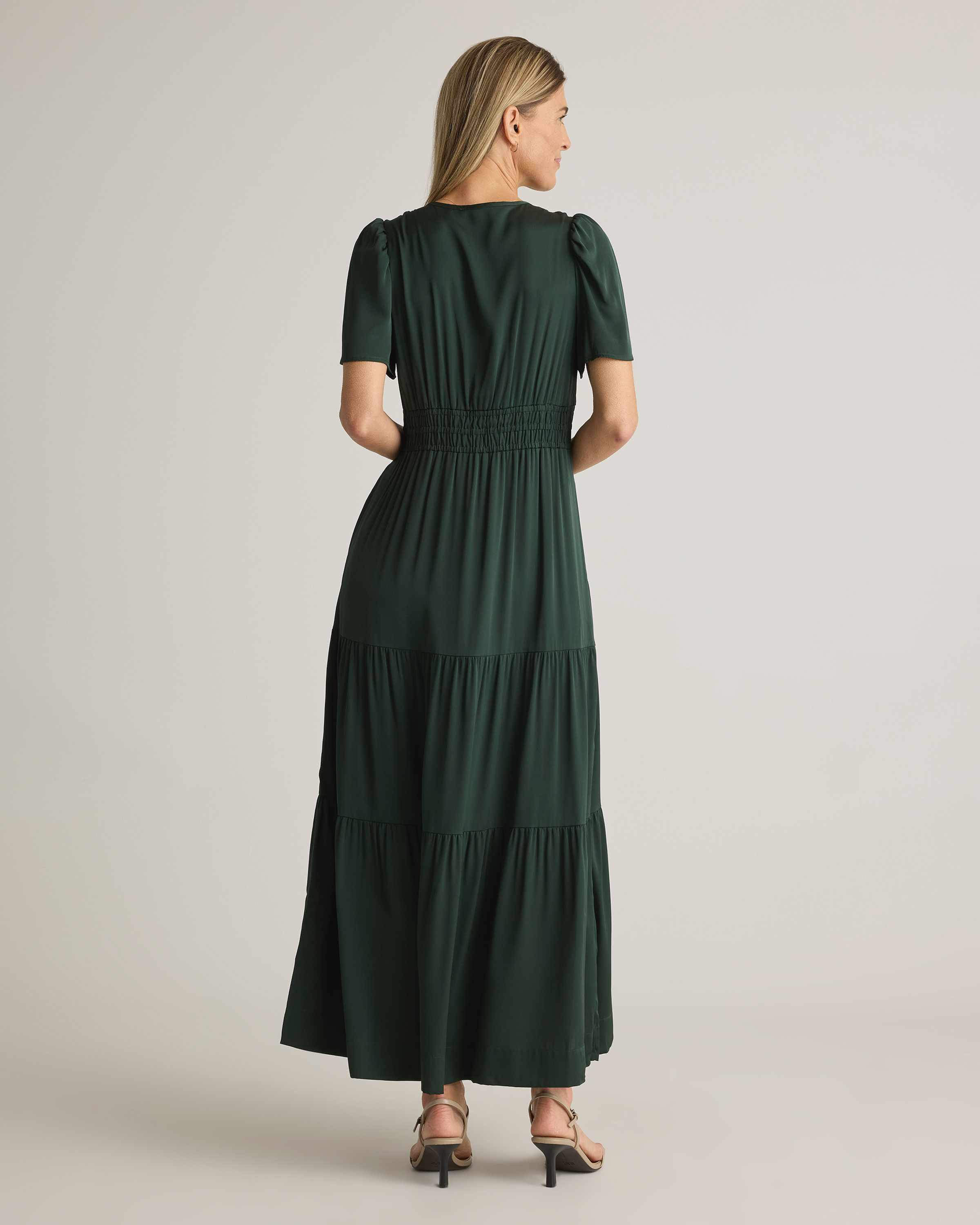 Quince Women's Stretch Silk Tiered Maxi Dress, XS, Forest Green - Washable, Hypo-allergenic, Thermoregulating, Comfortable Smocked Waistband