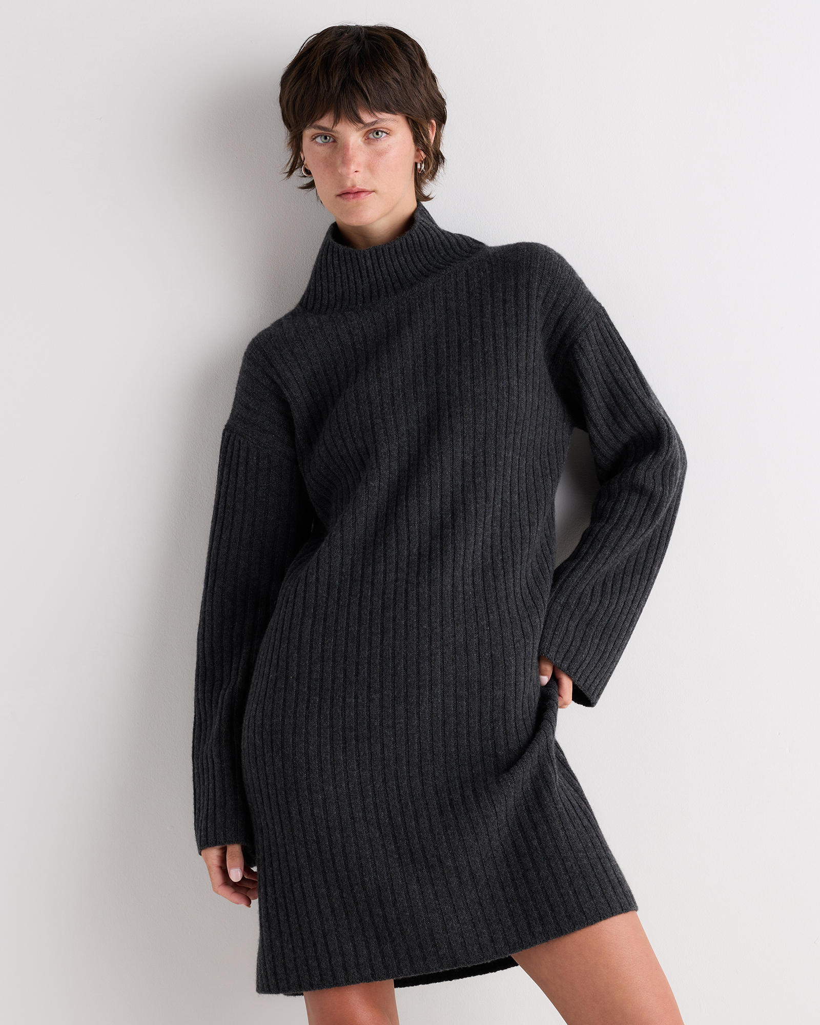 Heather Charcoal Mongolian Cashmere Ribbed Turtleneck Mini Dress