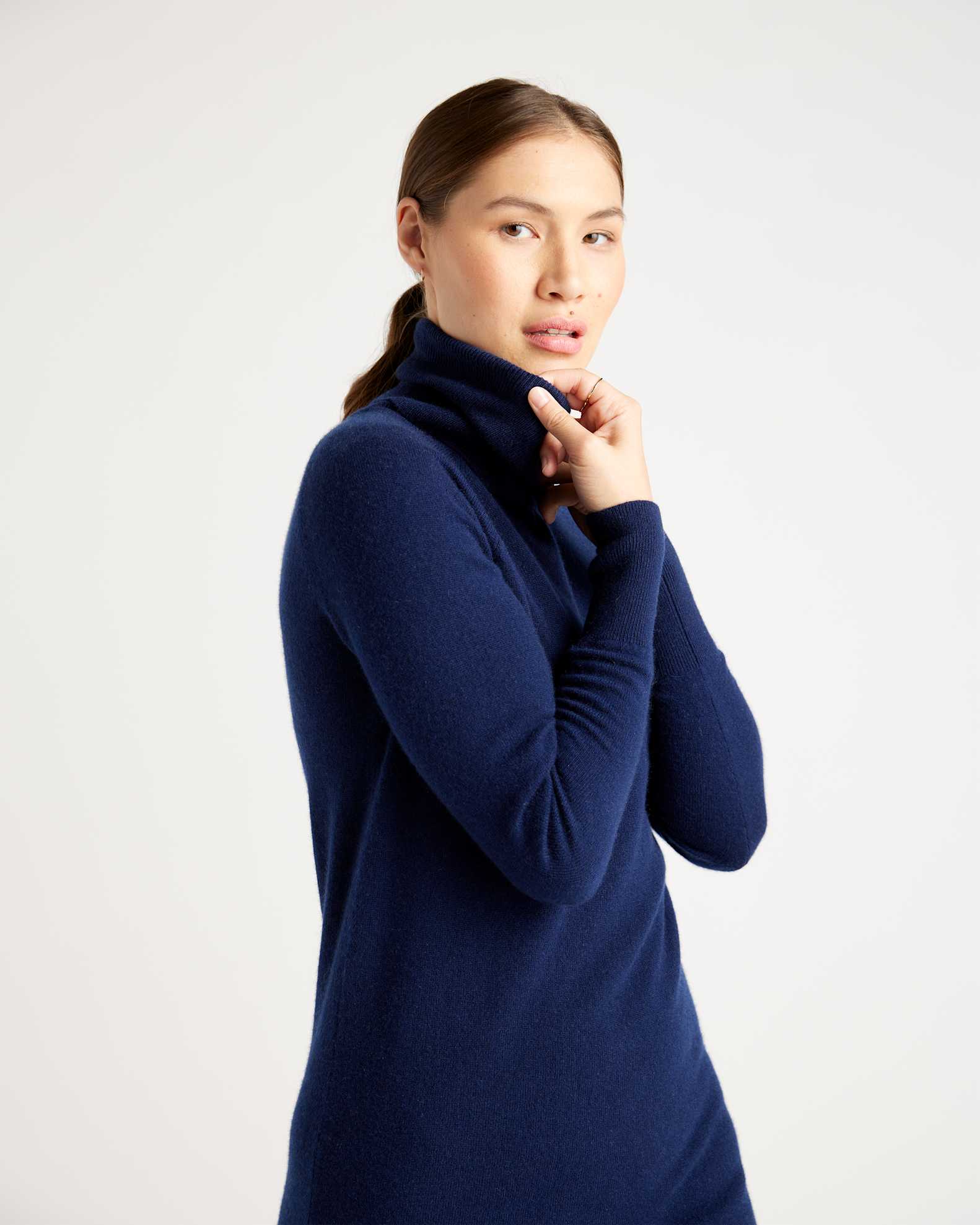 Mongolian Spring Cashmere Turtleneck Sweater Dress in Navy Mongolian Spring Cashmere Turtleneck Sweater Dress in Navy