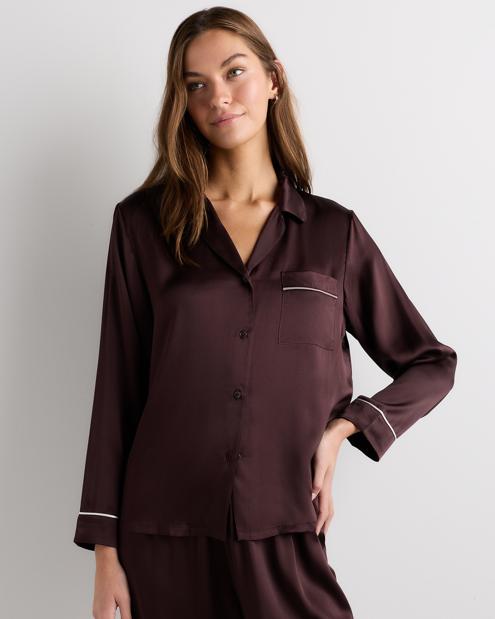 Quince | Women's Satin Pajama Long Sleeve Top in Chocolate Plum Brown, Size Medium, Mulberry Silk
