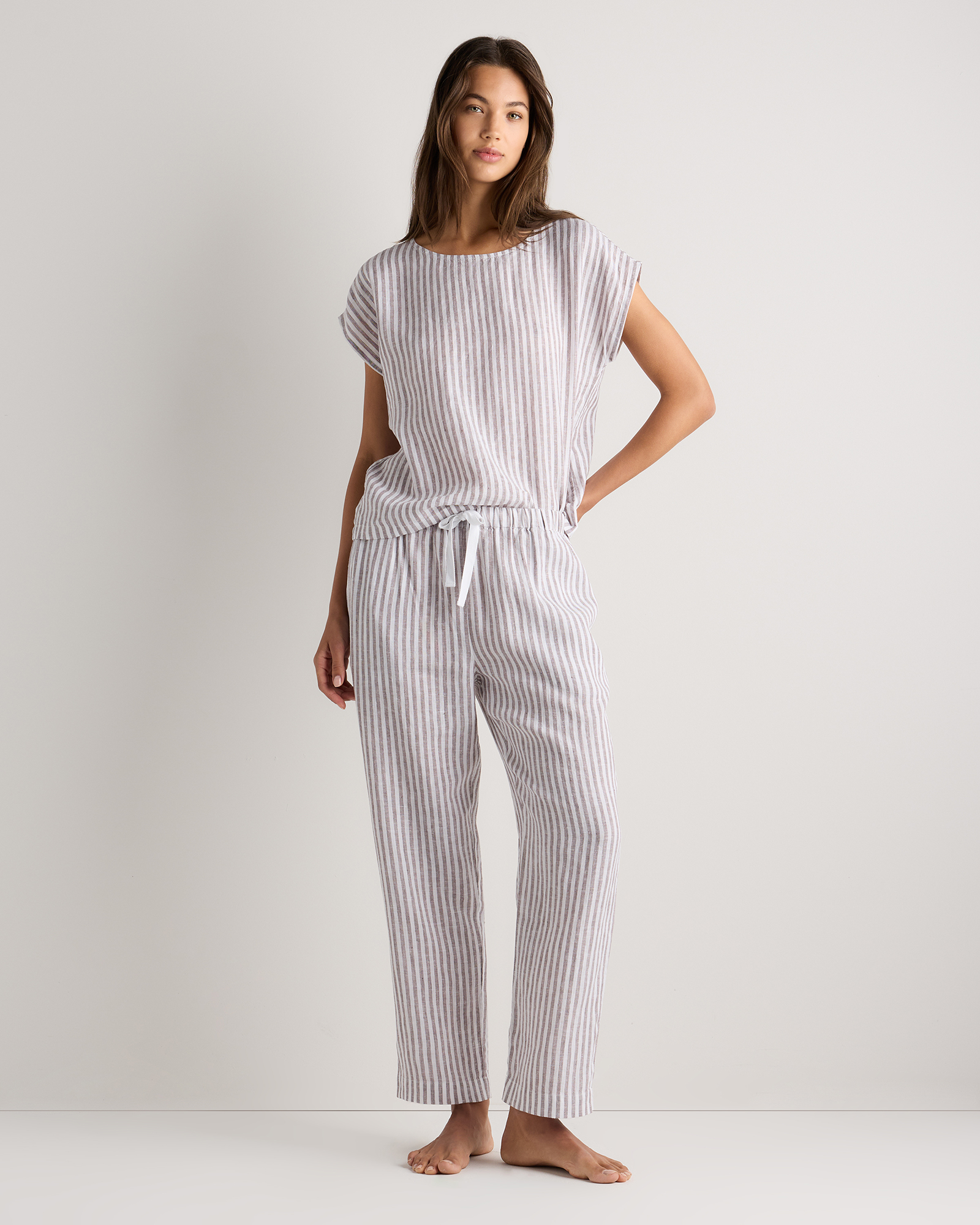 Taupe Brown Mariner Stripe 100% European Linen Pajama Set