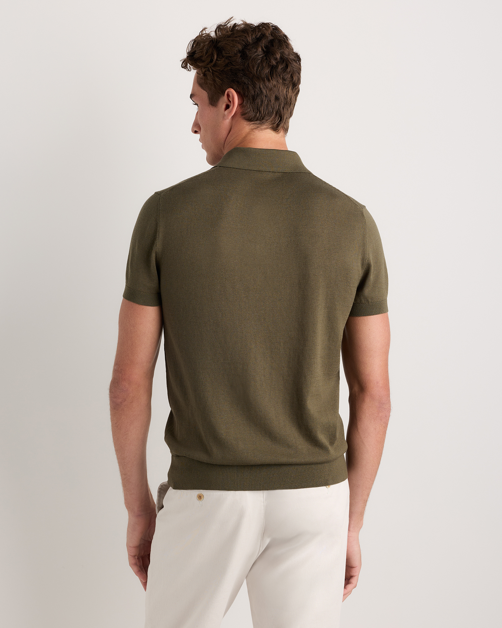 Cotton Silk Ribbed Short Sleeve Sweater Polo in Bayberry Olive