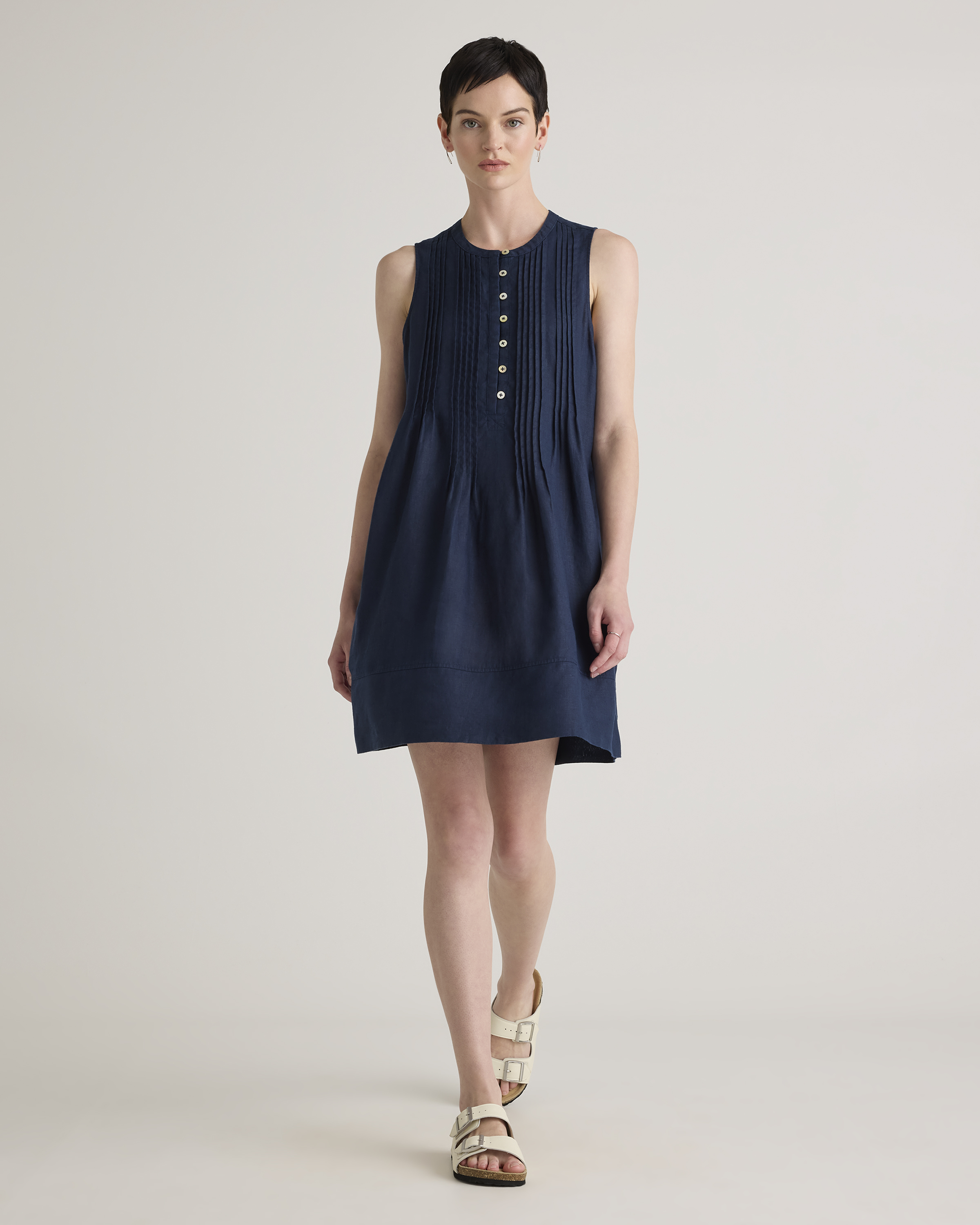 Deep Navy 100% European Linen Sleeveless Swing Dress