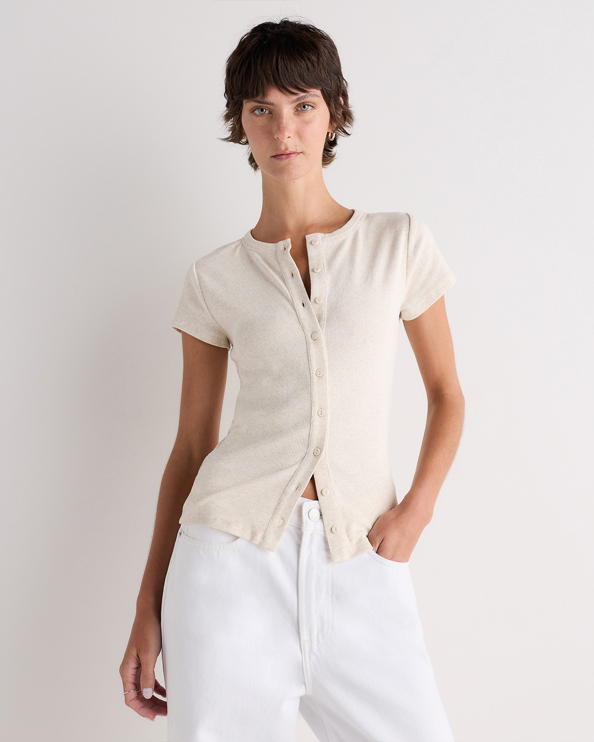 Heather Oatmeal Organic Cotton Micro-Rib Button Tee