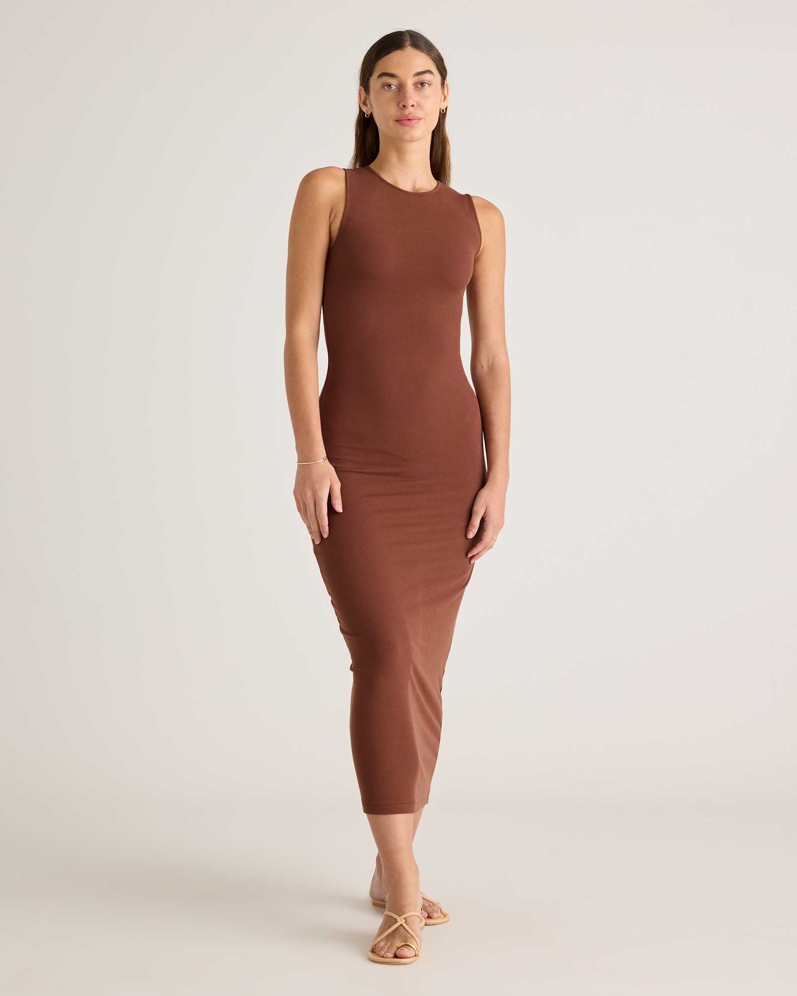 Quince Women's Tencel Rib Knit Sleeveless Midi Dress, Brown, Size Large - Soft, Breathable, Slimming & Pill-Resistant Quince Women's Tencel Rib Knit Sleeveless Midi Dress, Brown, Size Large - Soft, Breathable, Slimming & Pill-Resistant