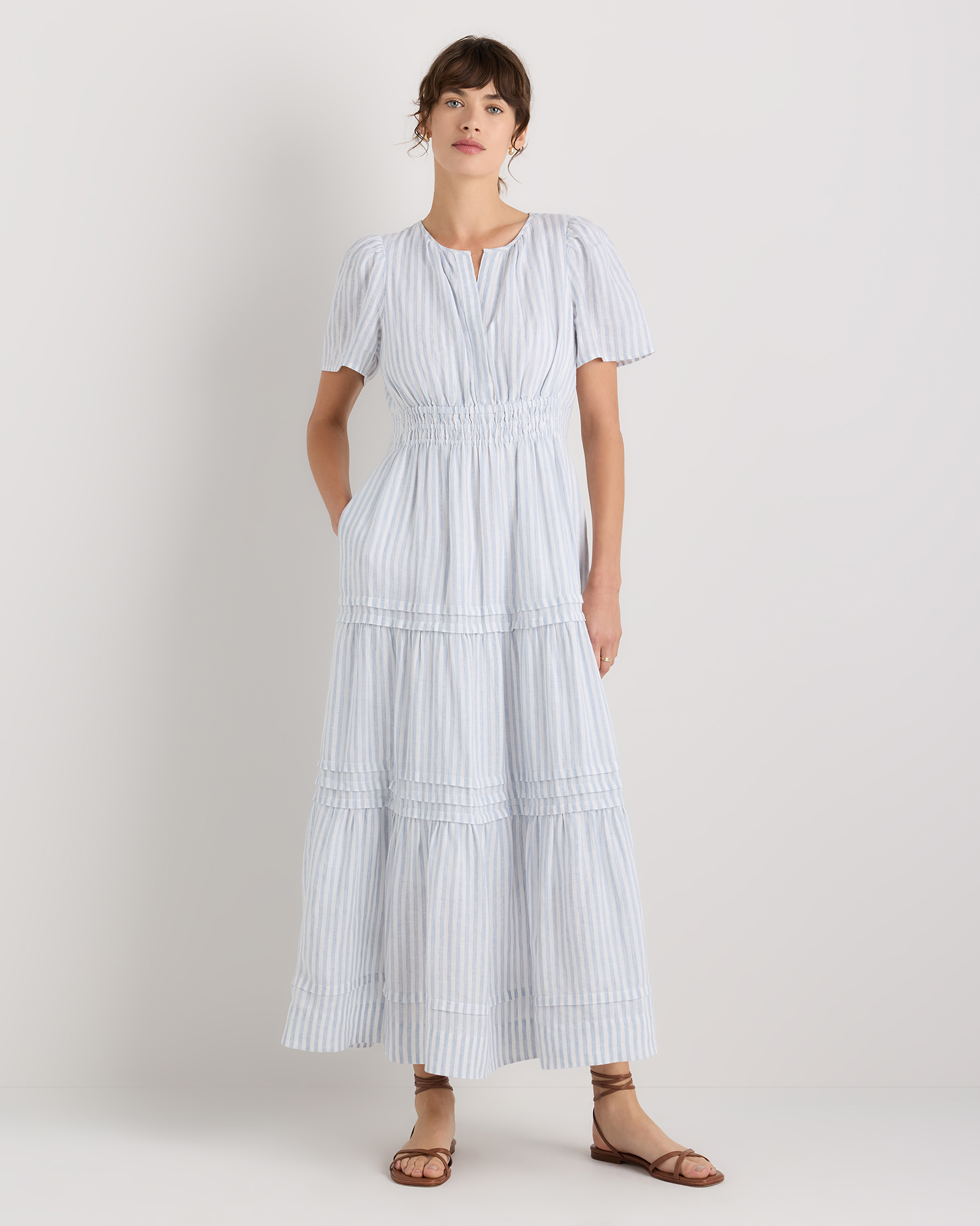 Sky Blue Mariner Stripe 100% European Linen Tiered Maxi Dress