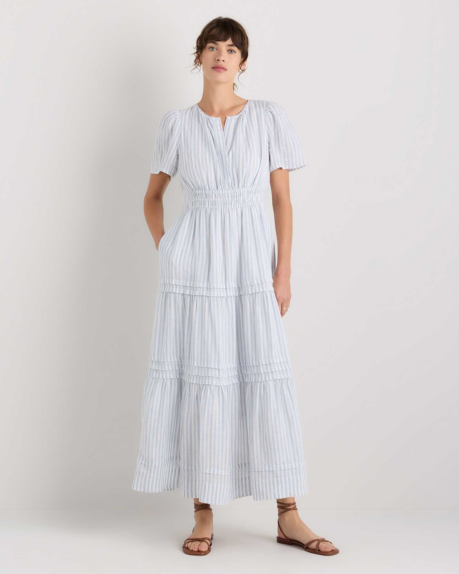 100% European Linen Tiered Maxi Dress in Sky Blue Mariner Stripe 100% European Linen Tiered Maxi Dress in Sky Blue Mariner Stripe