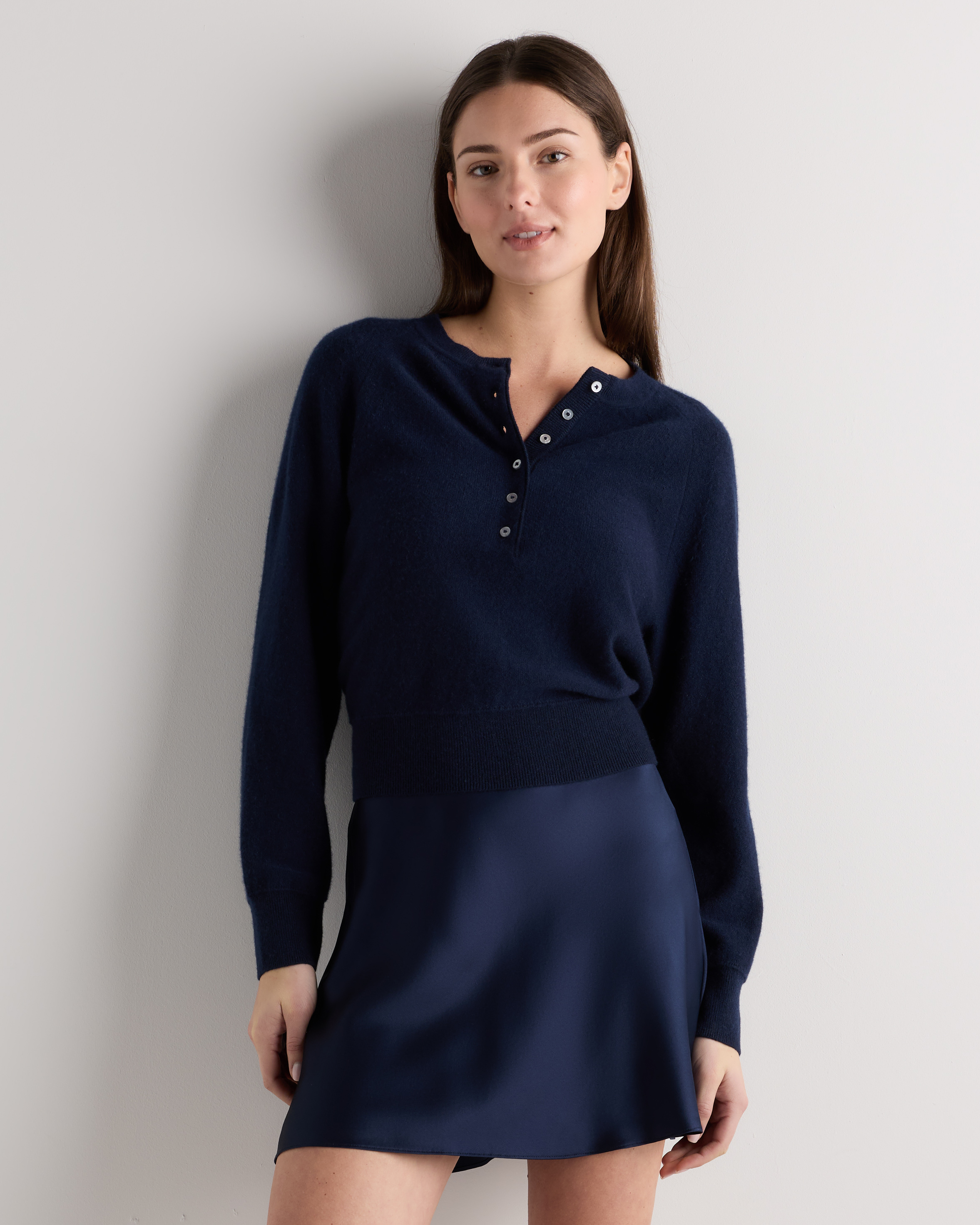 True Navy Mongolian Cashmere Dolman Sleeve Henley Sweater