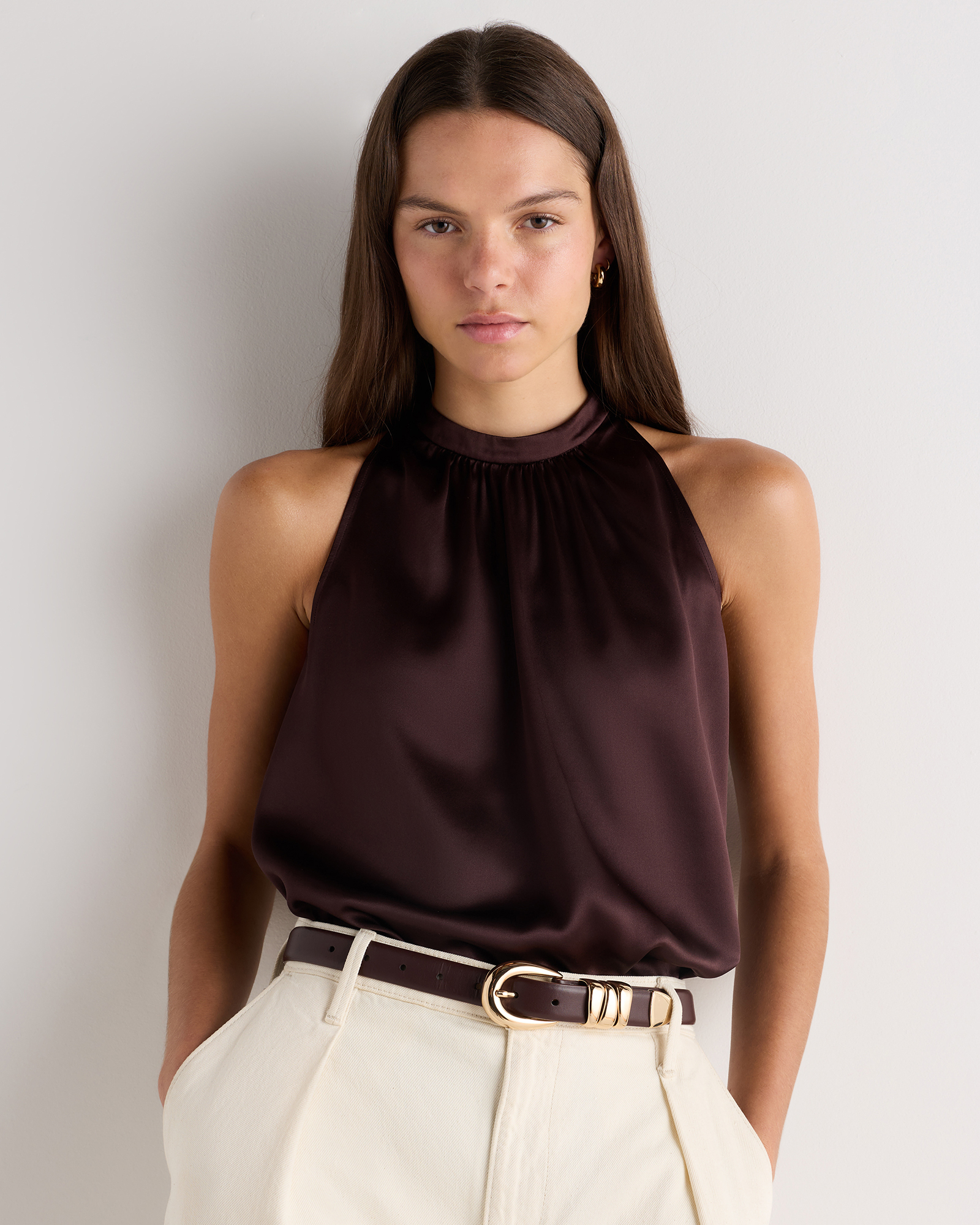 Chocolate Plum Brown 100% Washable Silk Halter Top