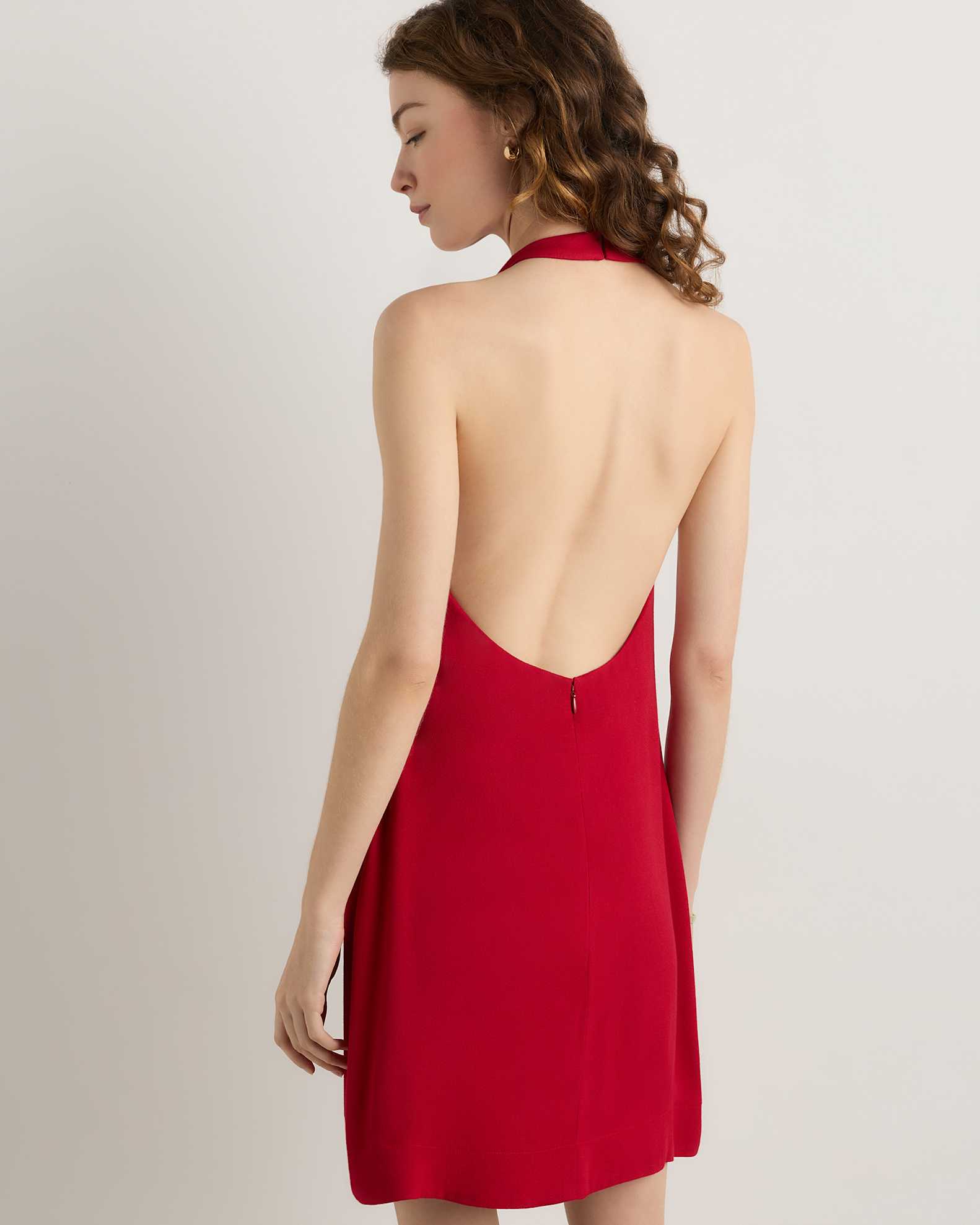 Women's Lightweight Crepe Halter Mini Dress in Ruby Red, Size Large, Viscose by Quince Women's Lightweight Crepe Halter Mini Dress in Ruby Red, Size Large, Viscose by Quince