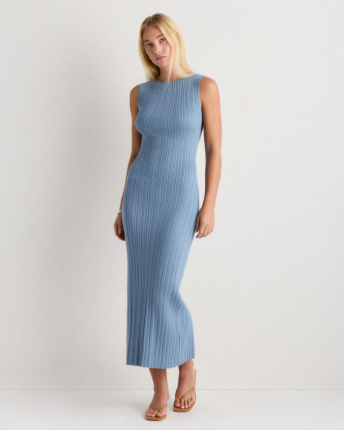 Women's Cotton Cashmere Ribbed Sleeveless Midi Dress in Mountain Spring Blue, Size XL by Quince Women's Cotton Cashmere Ribbed Sleeveless Midi Dress in Mountain Spring Blue, Size XL by Quince