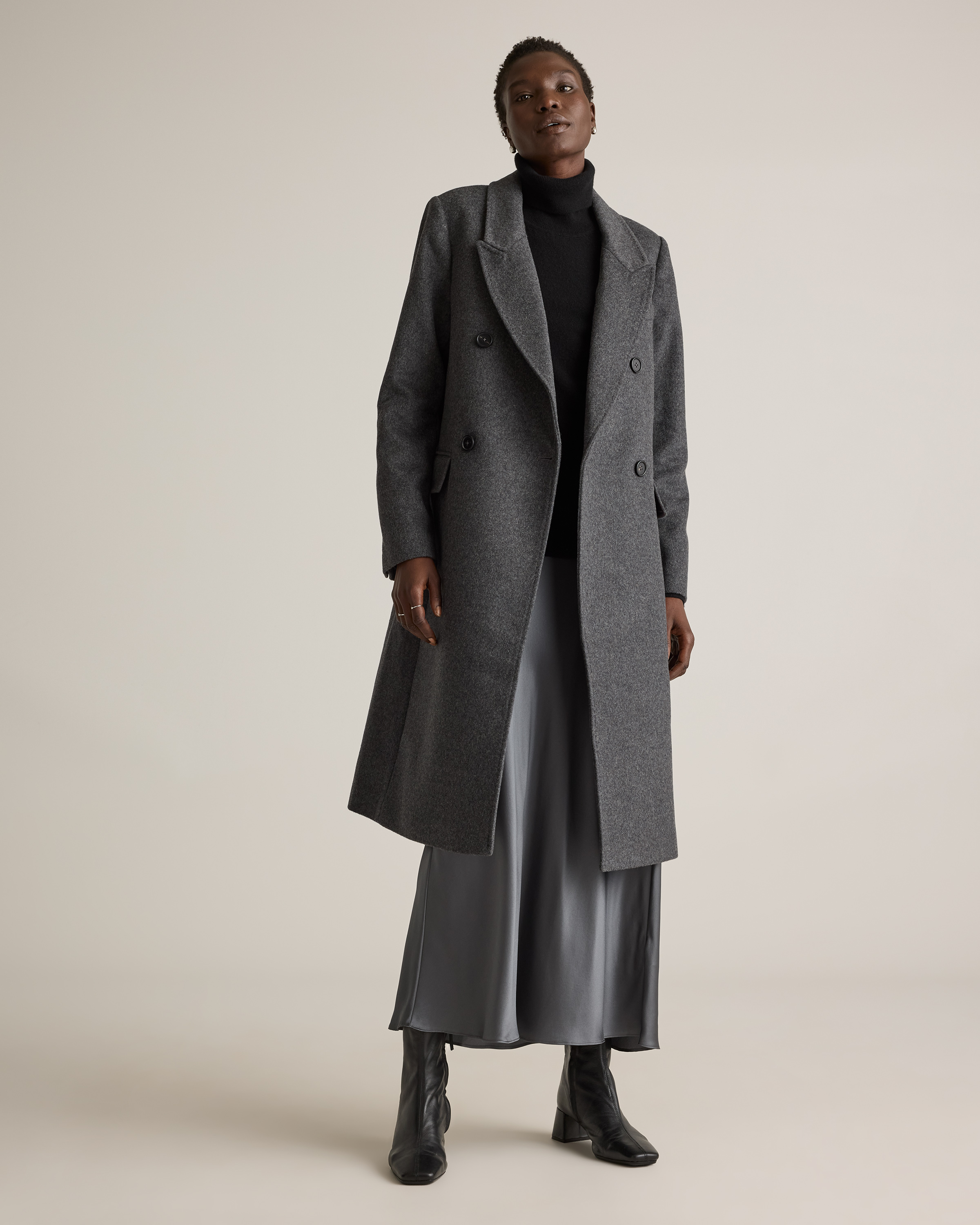 Italian Wool Double-Breasted Coat in Heather Charcoal