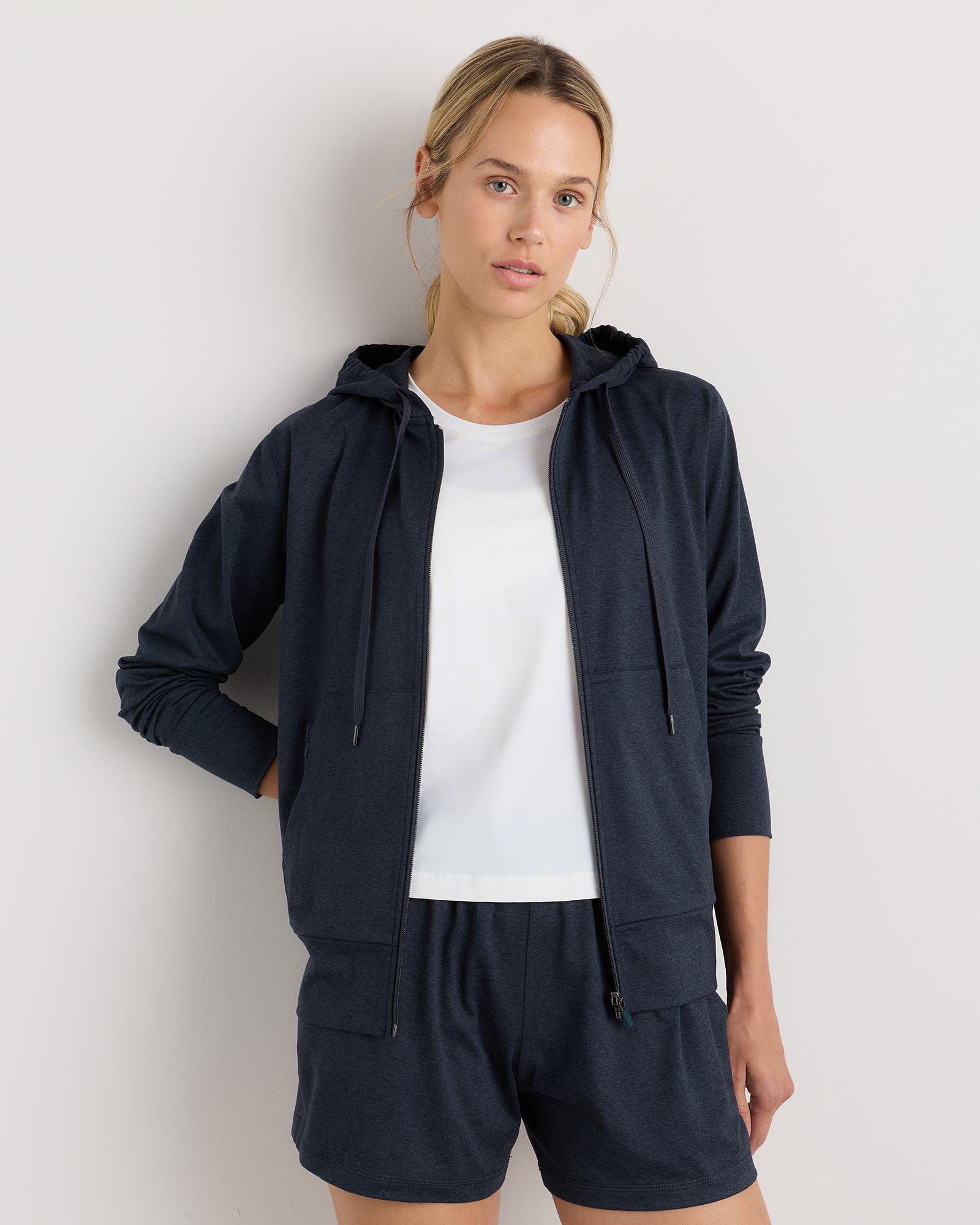 Heather Deep Navy Flowknit Full Zip Hoodie