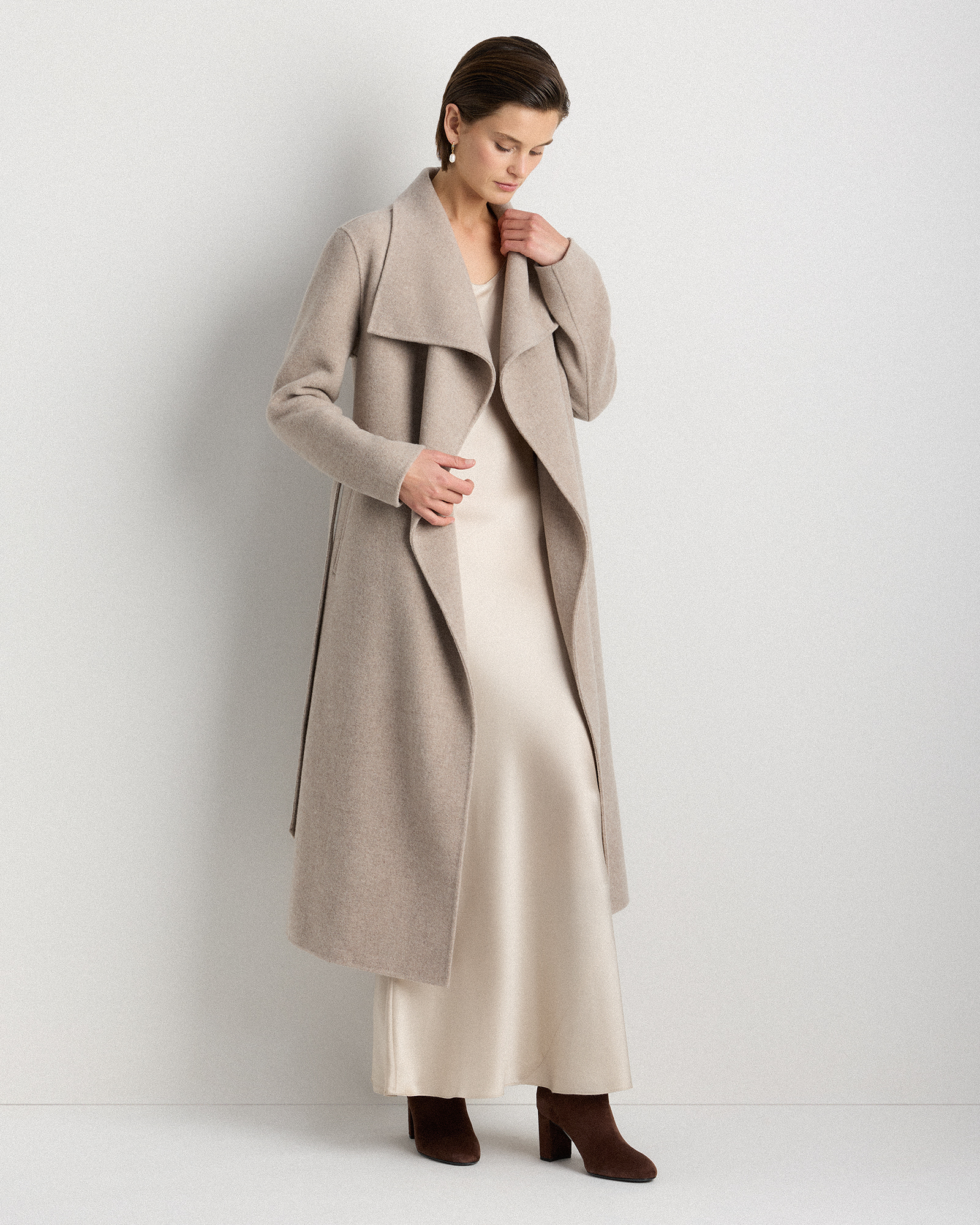 Double-Faced Merino Wool Draped Collar Wrap Coat in Oat