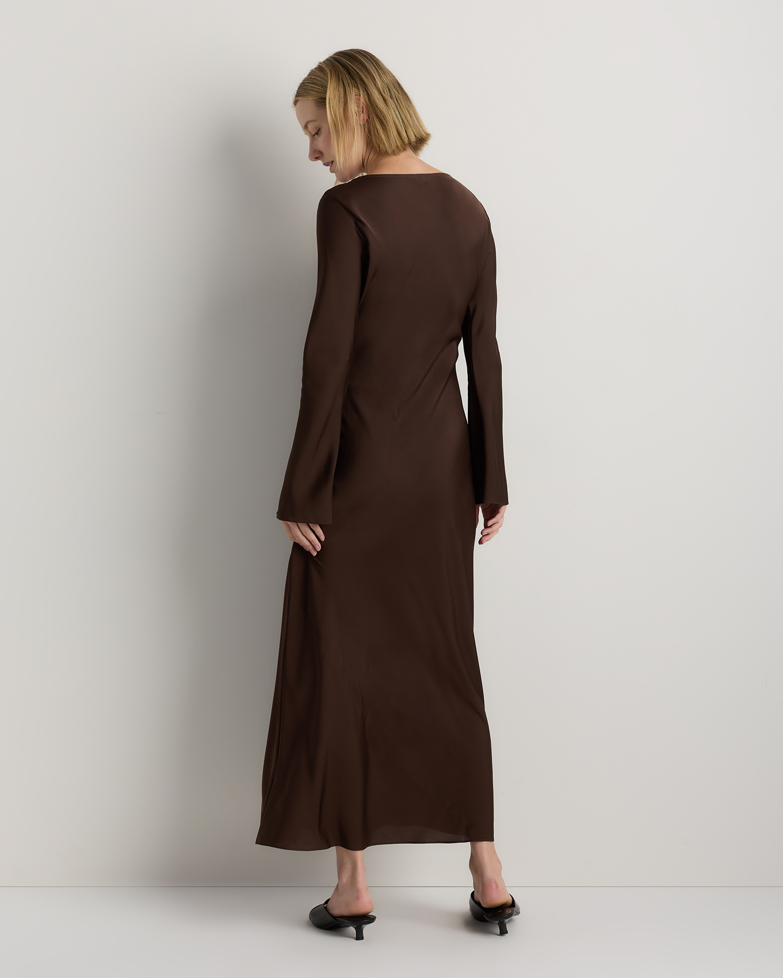 long sleeve maxi dress silk Wrap Hidden back zipper/clasp AURELIA SILK SATIN FLARED MAXI