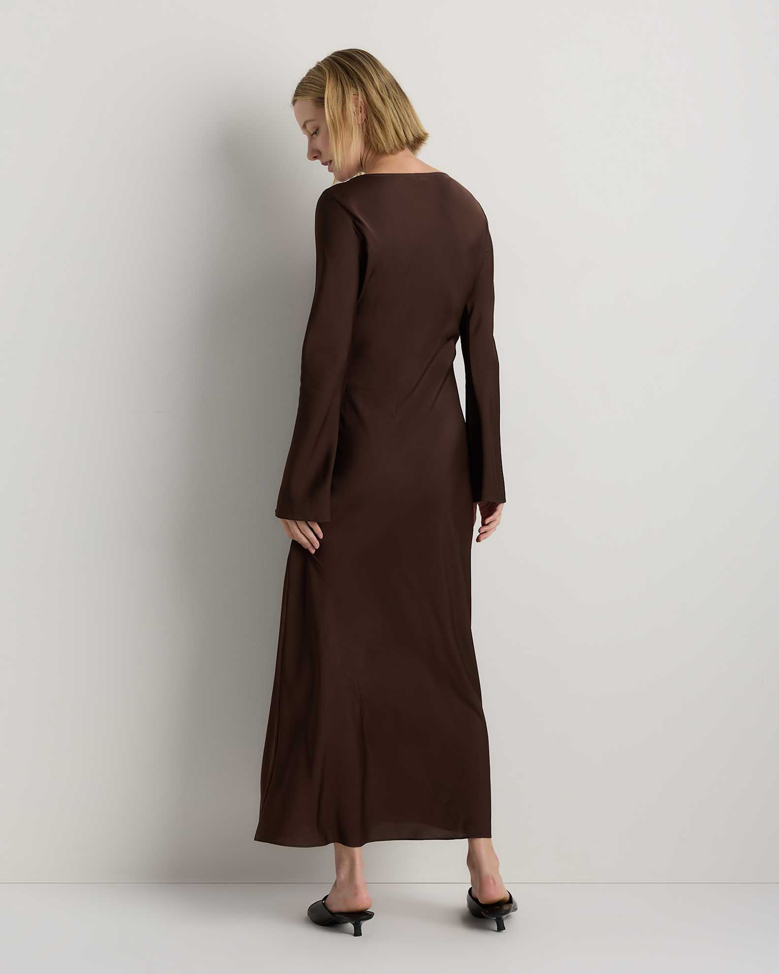 long sleeve maxi dress silk Wrap Hidden back zipper/clasp AURELIA SILK SATIN FLARED MAXI