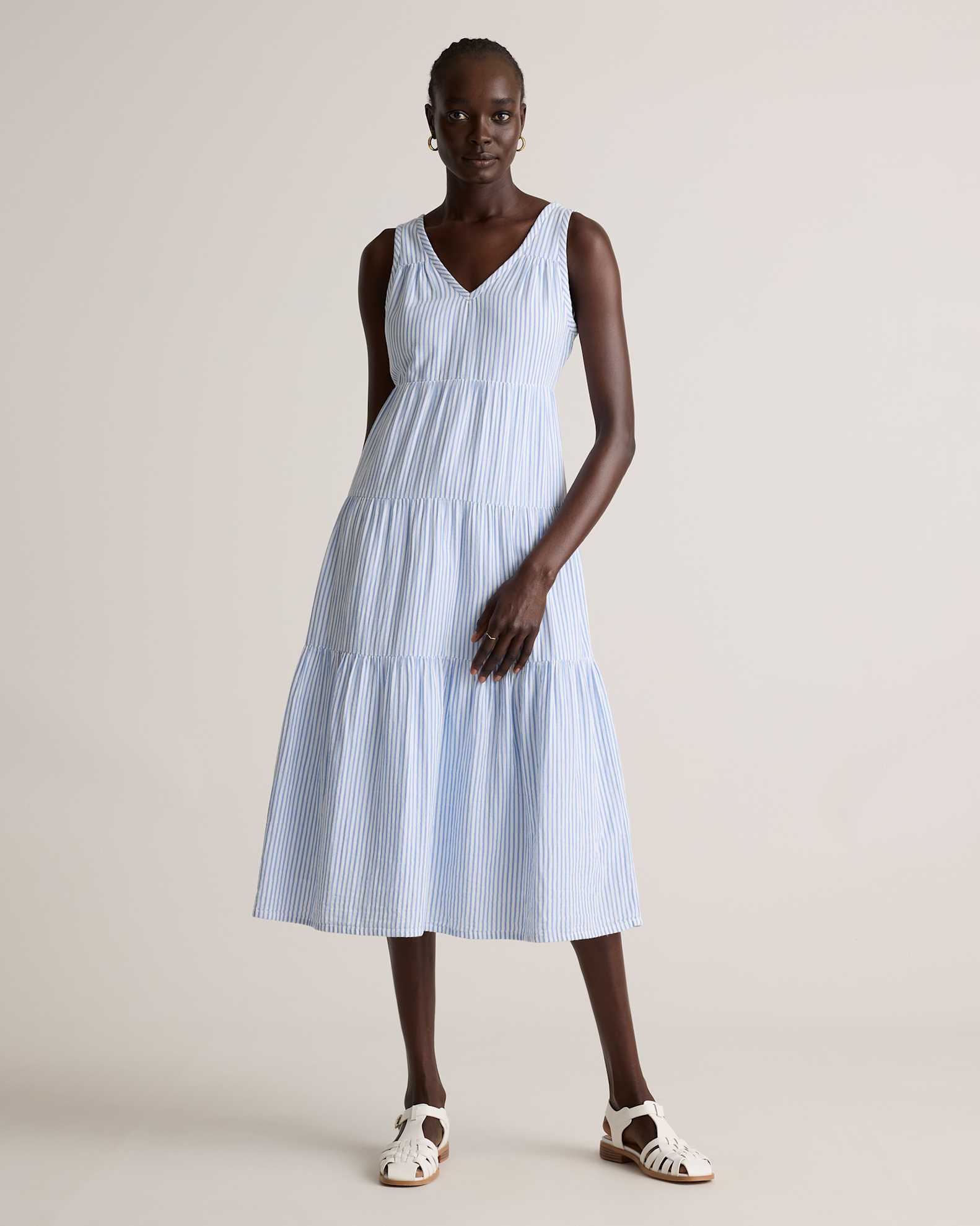 100% Organic Cotton Gauze Tiered Maxi Dress in Bayside Stripe Blue/White 100% Organic Cotton Gauze Tiered Maxi Dress in Bayside Stripe Blue/White