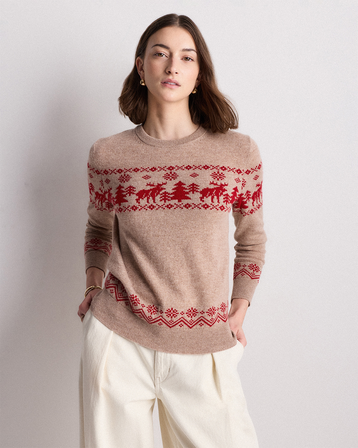 Oatmeal/Varsity Red Mongolian Cashmere Fair Isle Christmas Sweater