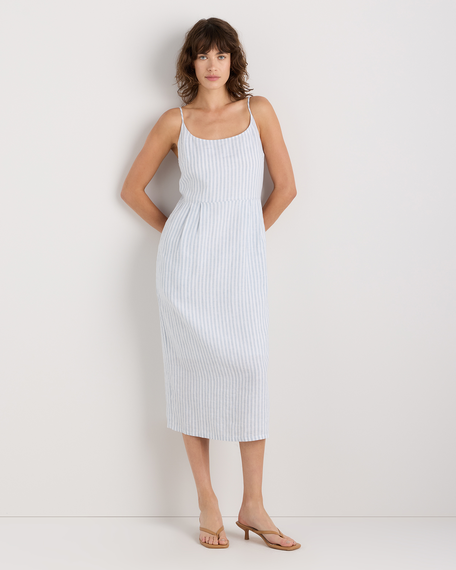 Sky Blue Mariner Stripe 100% European Linen Scoop Neck Midi Dress
