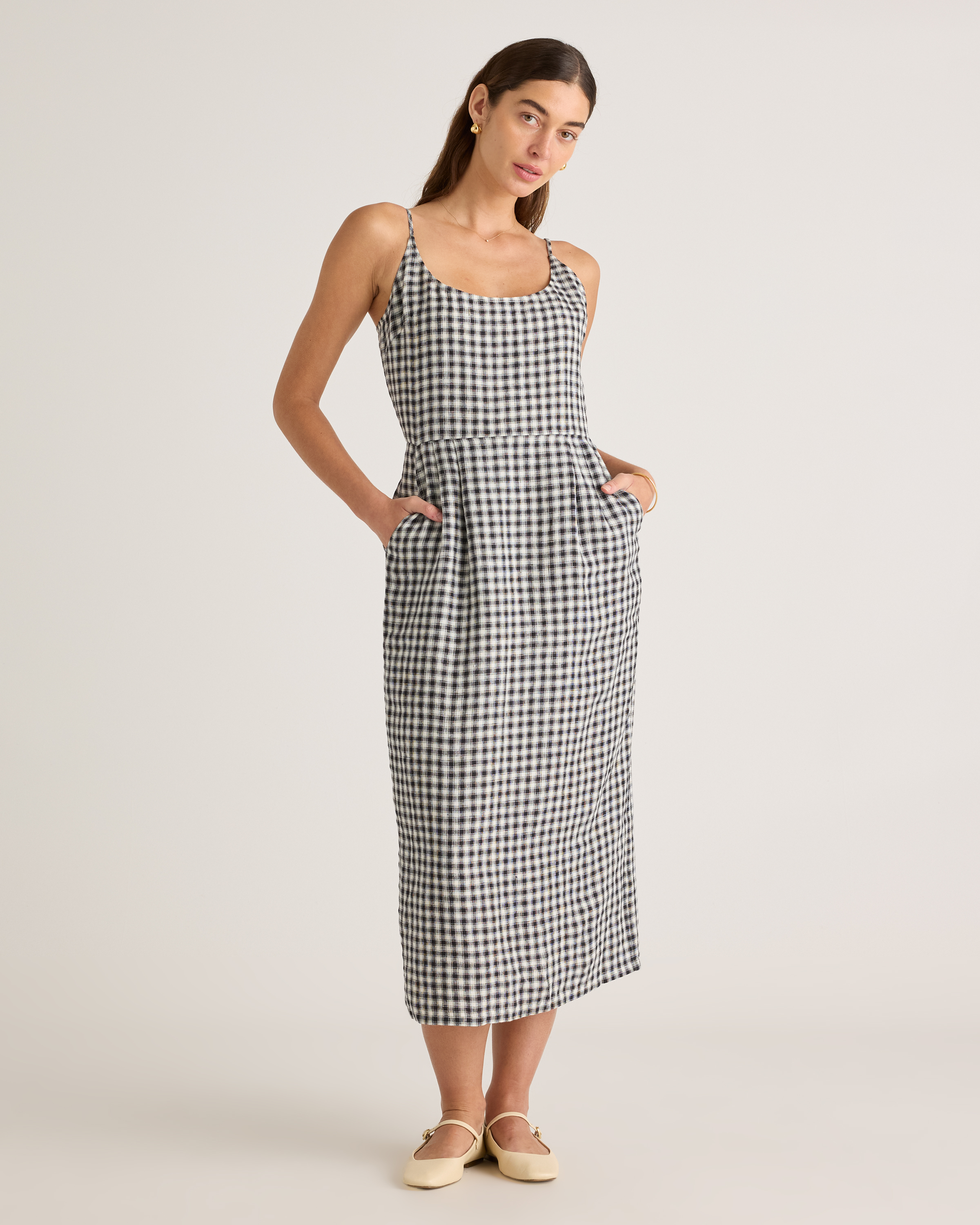 Khaki / Black Gingham 100% European Linen Scoop Neck Midi Dress