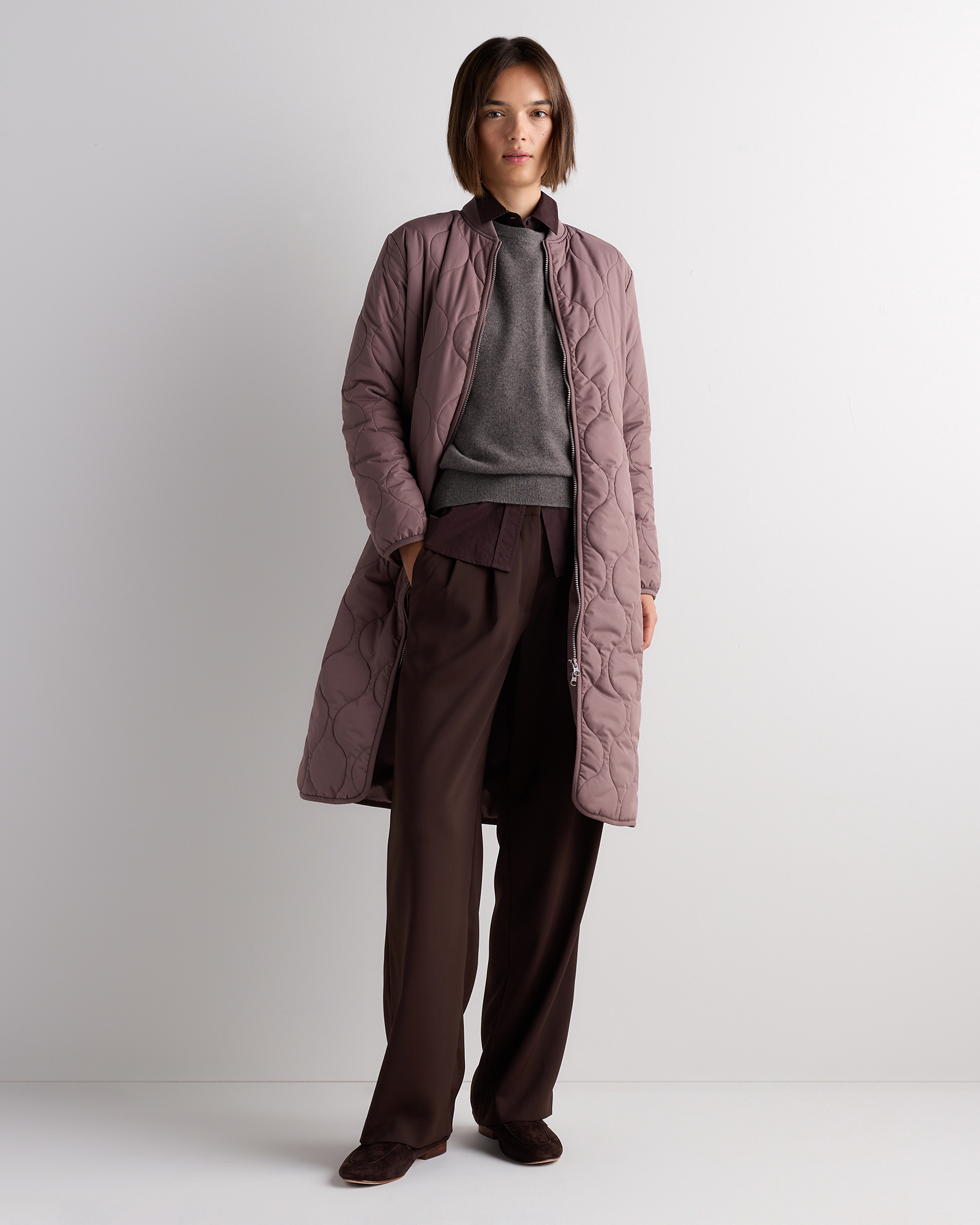 Smokey Taupe Featherless Quilted Puffer Long Coat