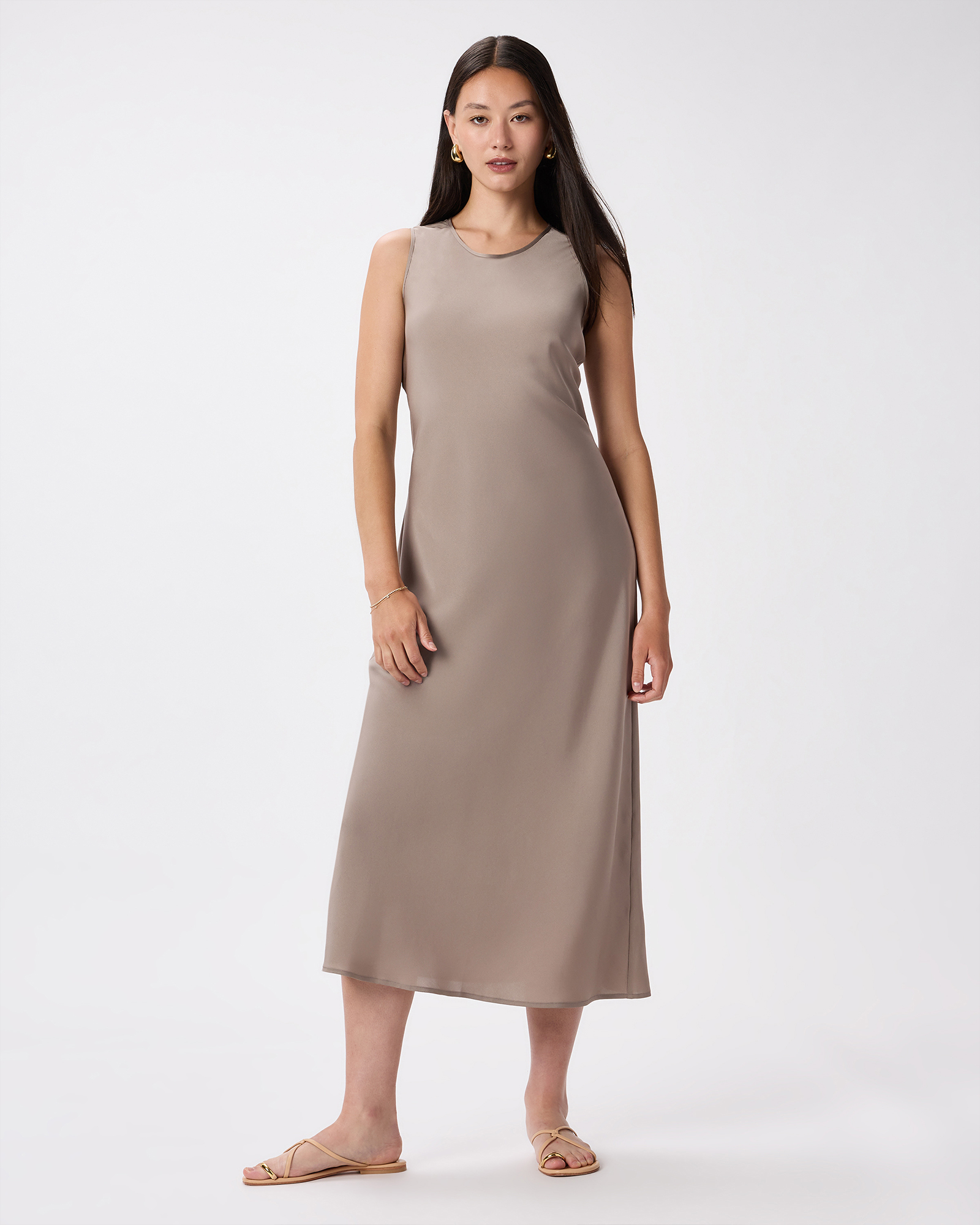 Morel Grey Washable Stretch Silk Tank Midi Dress
