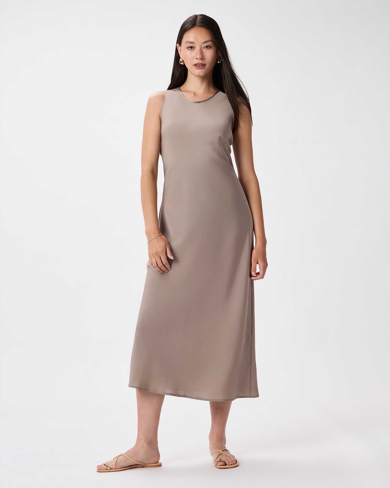 Washable Stretch Silk Tank Midi Dress in Morel Grey Washable Stretch Silk Tank Midi Dress in Morel Grey