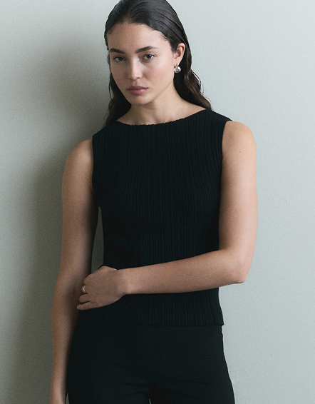 Black Cotton Cashmere Ribbed Tank