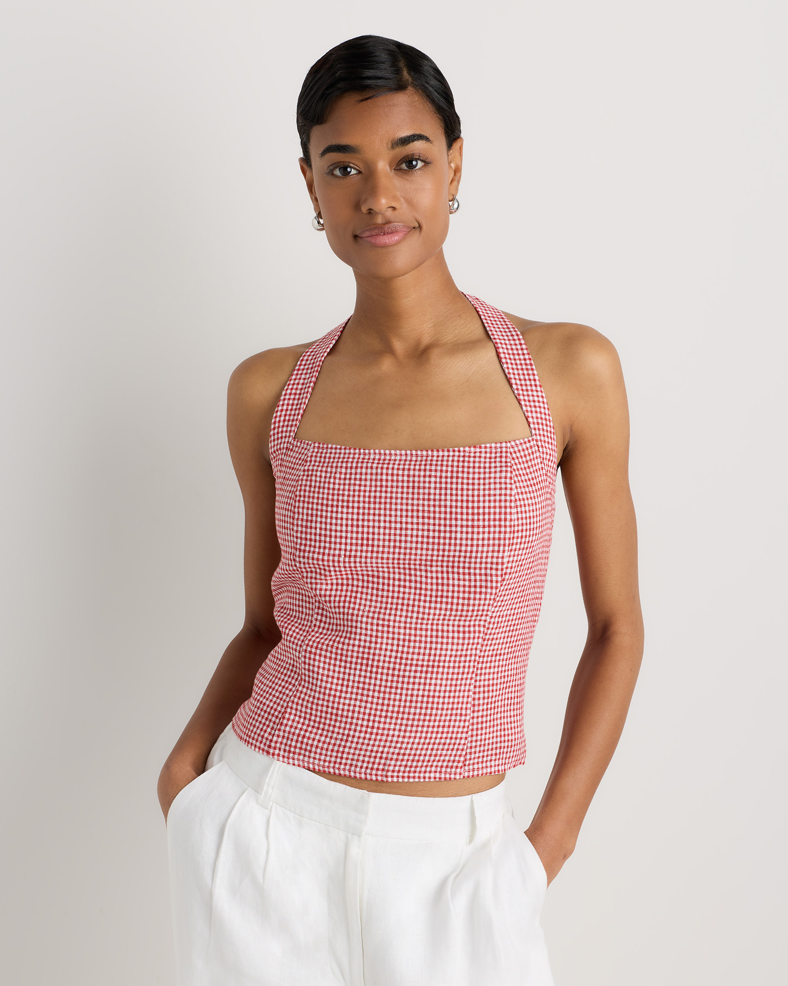 Red Classic Mini Gingham 100% European Linen Halter Top