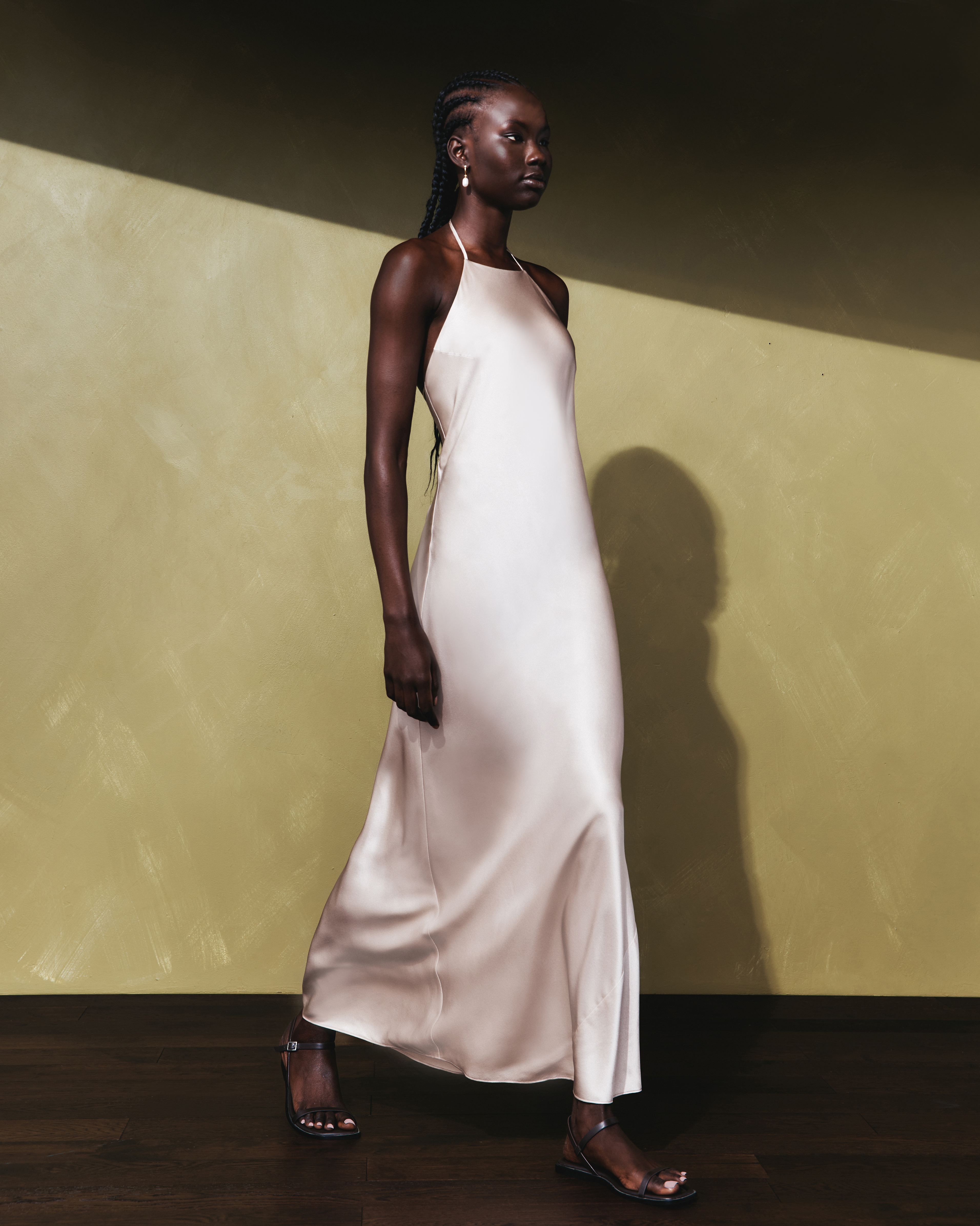 Champagne 100% Washable Silk Halter Maxi Dress