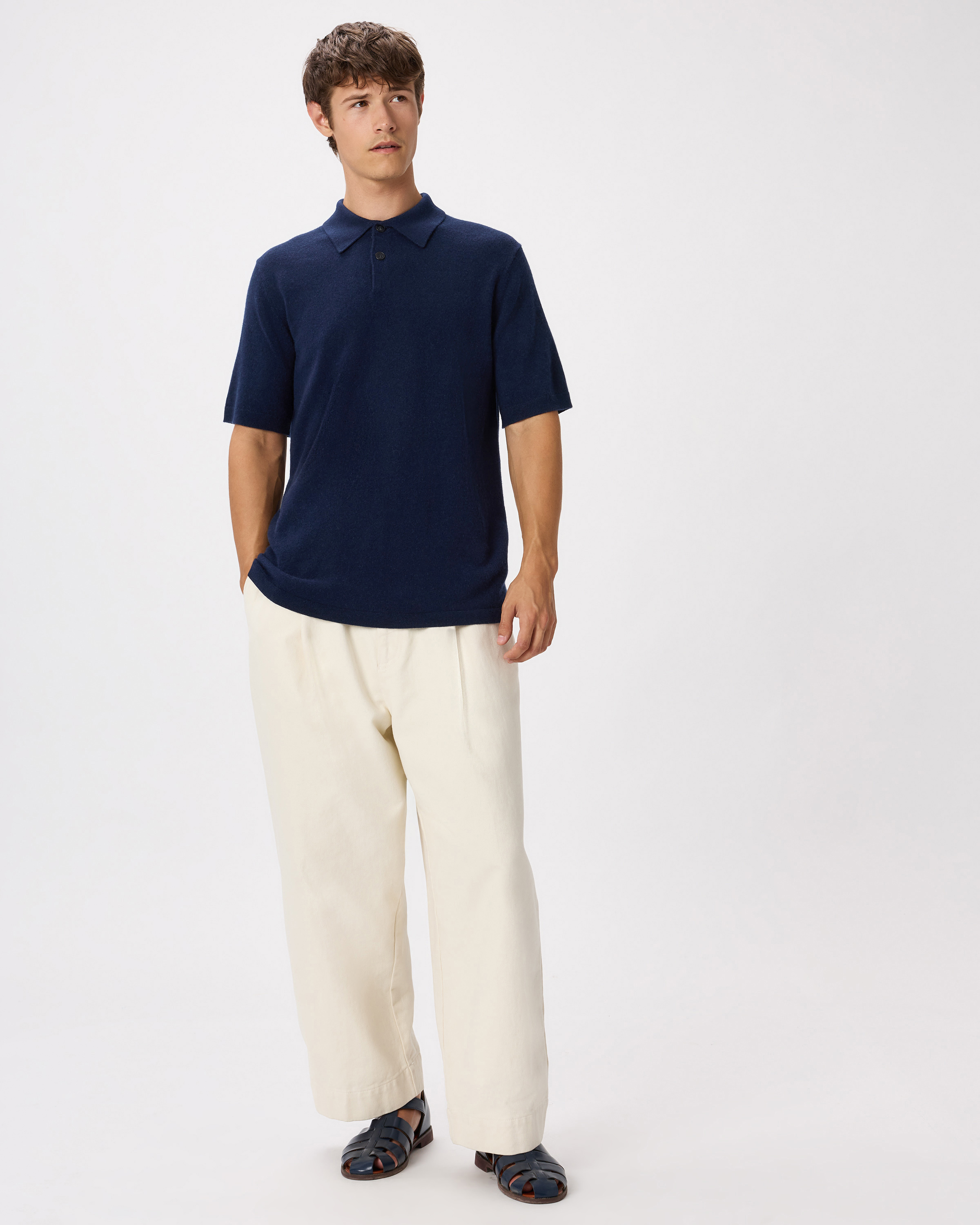 100% Mongolian Cashmere Short Sleeve Polo Sweater in True Navy