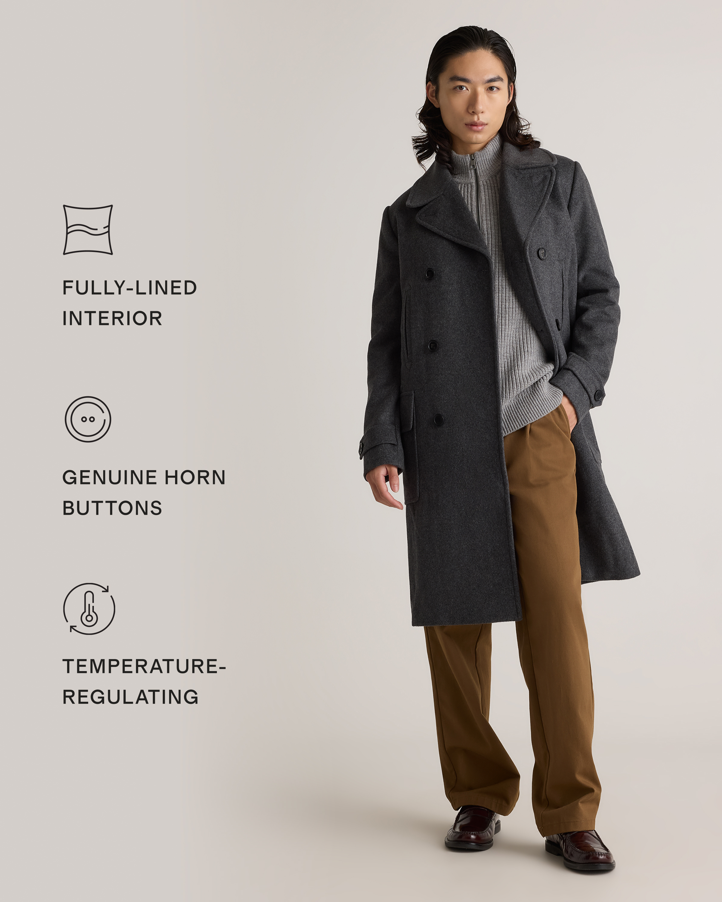 Italian Wool Double-Breasted Coat in Heather Charcoal